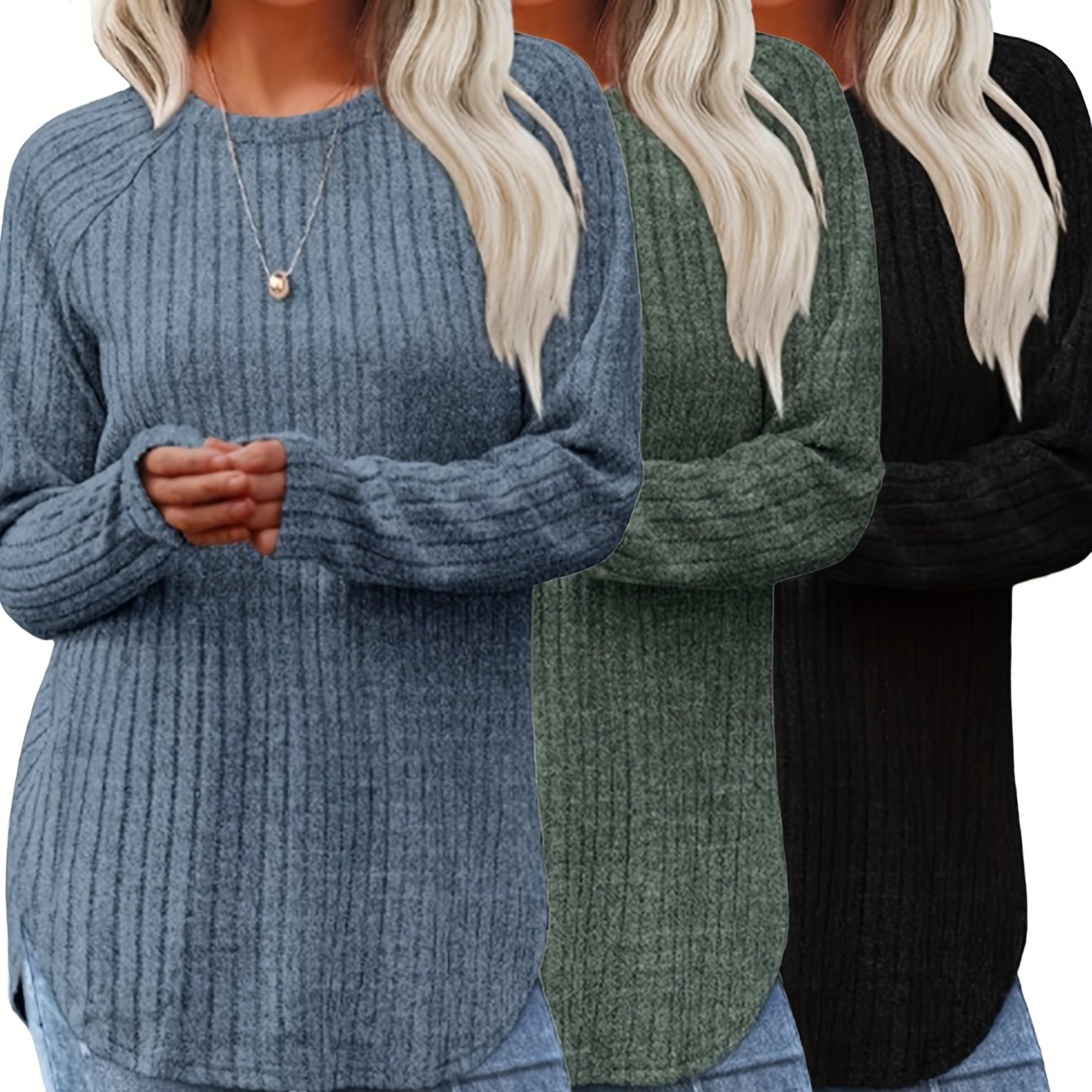 E-shop Damen 3-teiliges Langarm Basic Pullover Lockerer Oberteil Elegantes Rundhals T-Shirt
