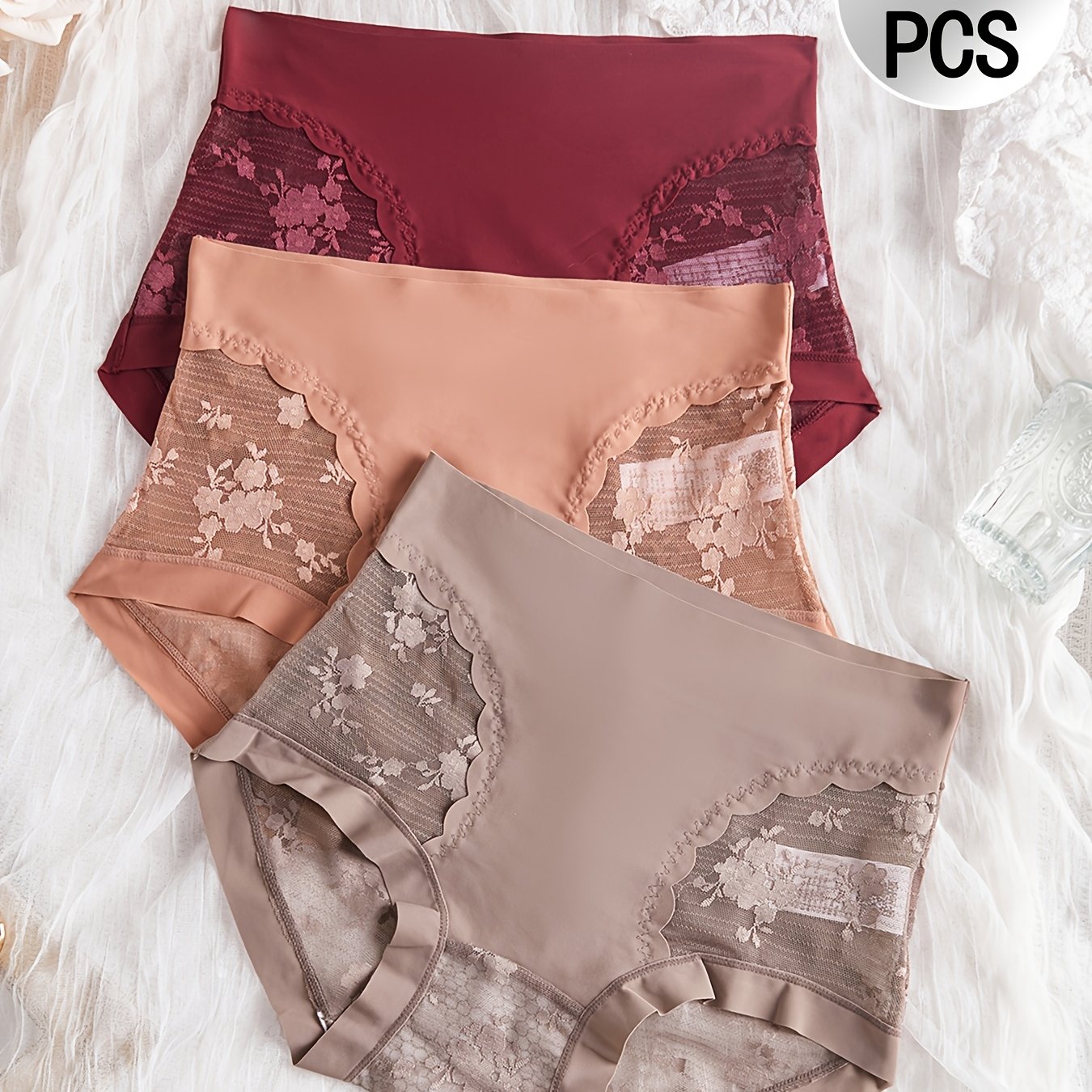 TEMU 3-pack Women's Sexy Semi-sheer High-waist Tummy Control Panties - Lace Hipster Briefs With , Stretchy Breathable Underwear Suitable For