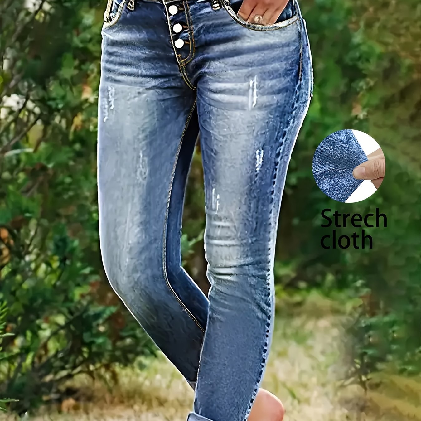 Plus Size Distressed Washed Button Rolled Hem Ankle Jeans, High Waist, Medium Stretch, Vintage, Casual, Comfortable, Women's Plus Size Jeans