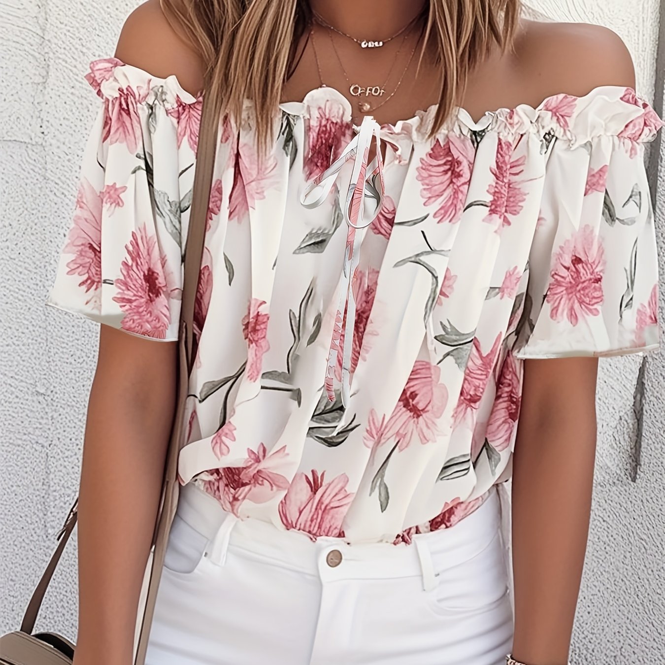 E-shop Leichte Damen Off-Shoulder Bluse mit Blumenmuster, Rüschen, lockerer, rosa Blumenprint, Exquisite Textur für Frühling/Sommer, Damenhemd