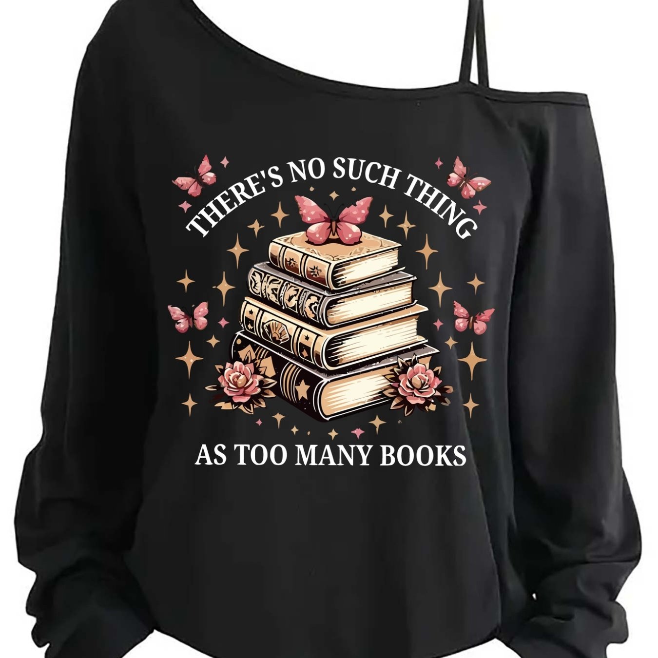 TEMU -shoulder Long-sleeved T-shirt, It If Are Too Many Books, And Book Print Asymmetrical Shoulder Strap, Drop Shoulder Top, Casual And , Suitable