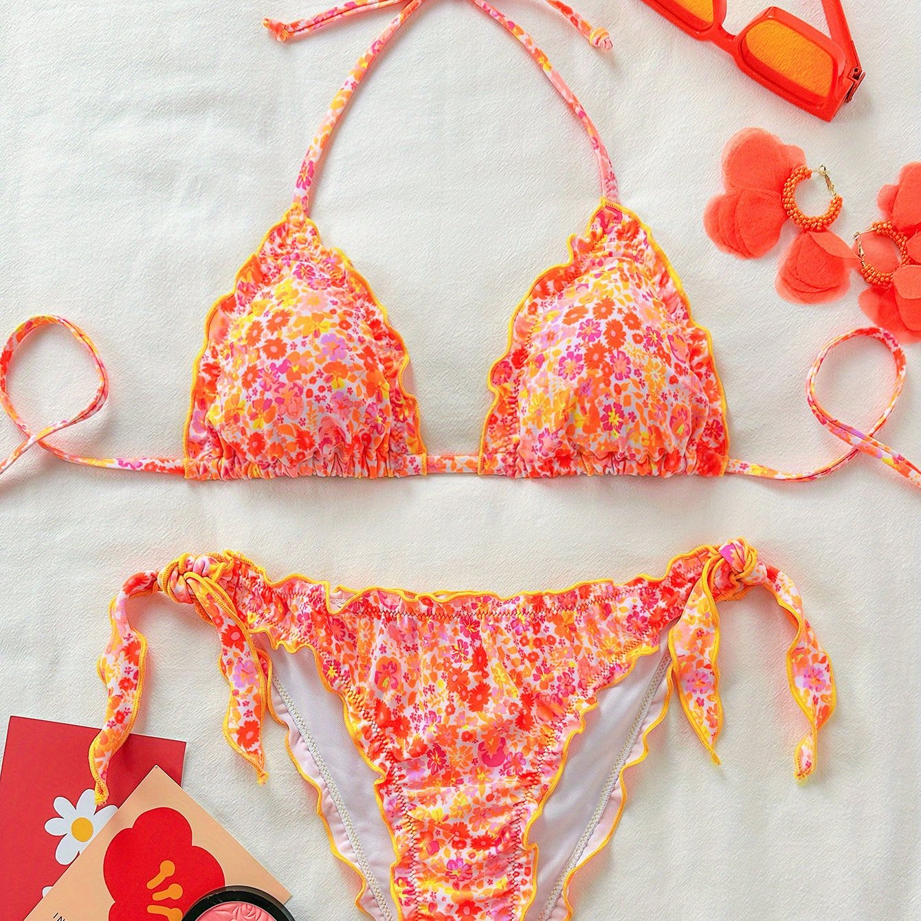 TEMU Ensemble de bikini triangle pièces pour femmes, , avec bordure de pliée et col plié, pantalon avec motif bordure de , dentelle plissée, idéal