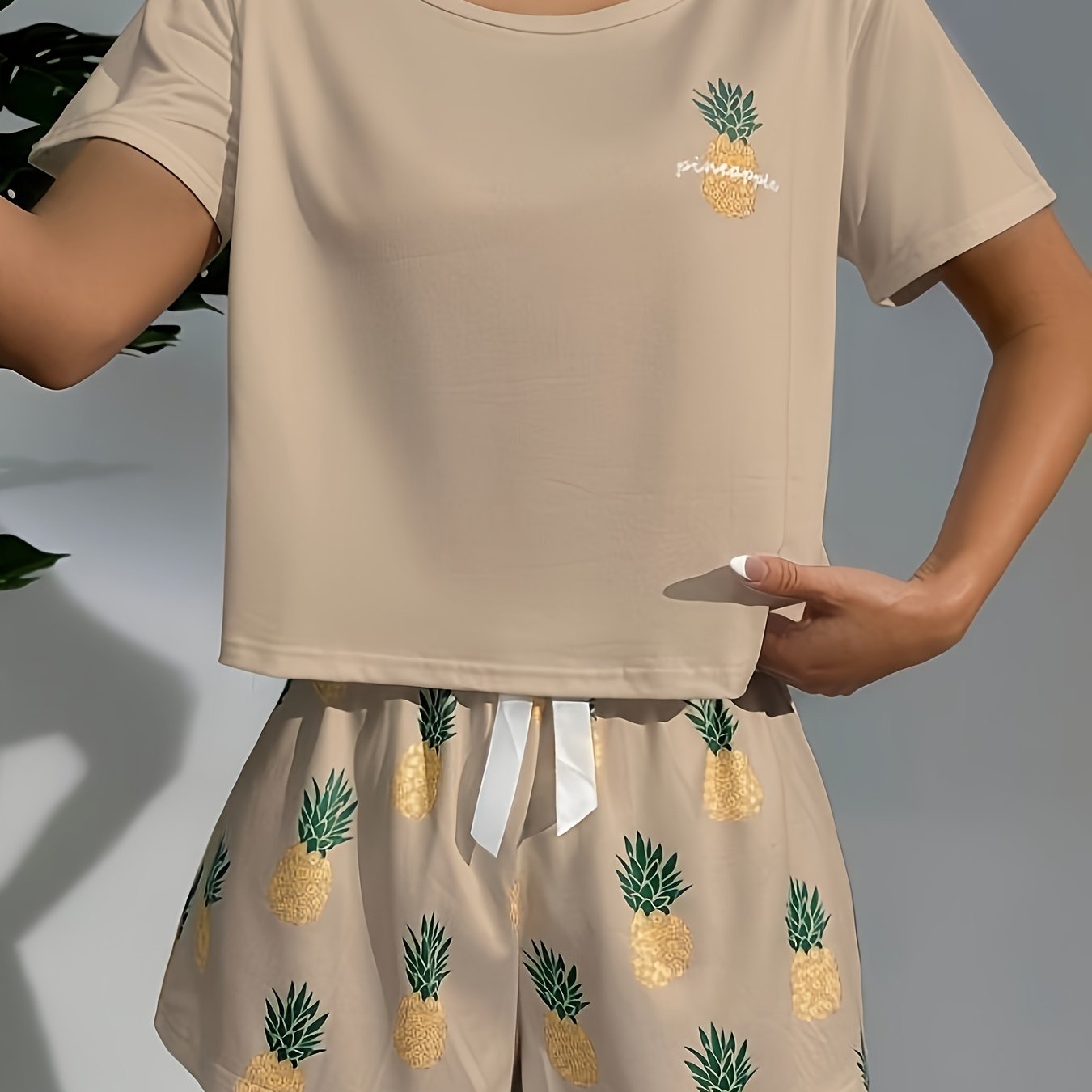 E-shop Kurzarm-Shorts Khaki Polo Set Damen Pyjama Homewear