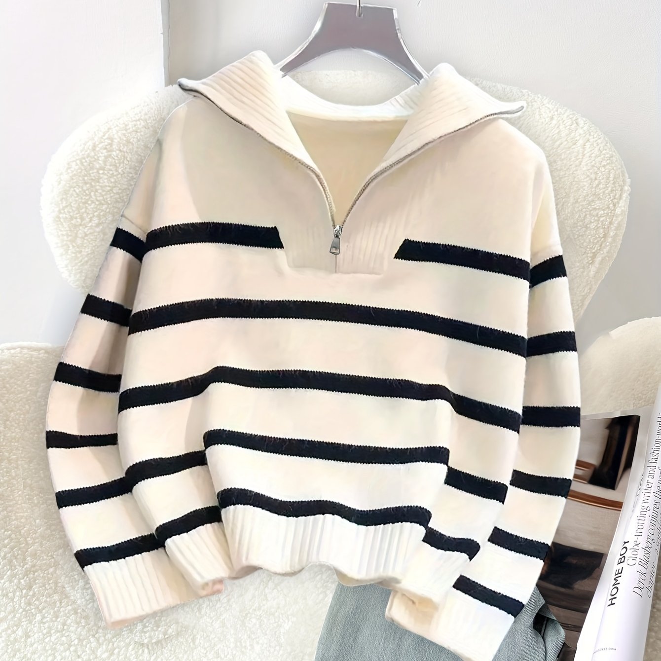 1pc Girls' Teen Elegant Fashion Simple Vintage Block Daily Casual Outing V-neck Zipper Lapel Pullover Sweater Knitwear For Spring, Autumn, And Winter