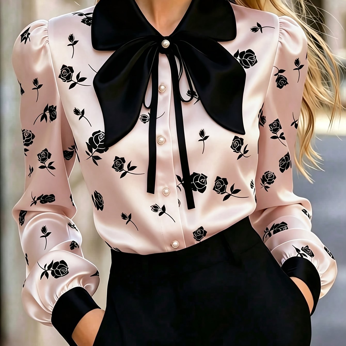 TEMU Women's -print Top, Long-sleeve Button-up Shirt With Bow Collar