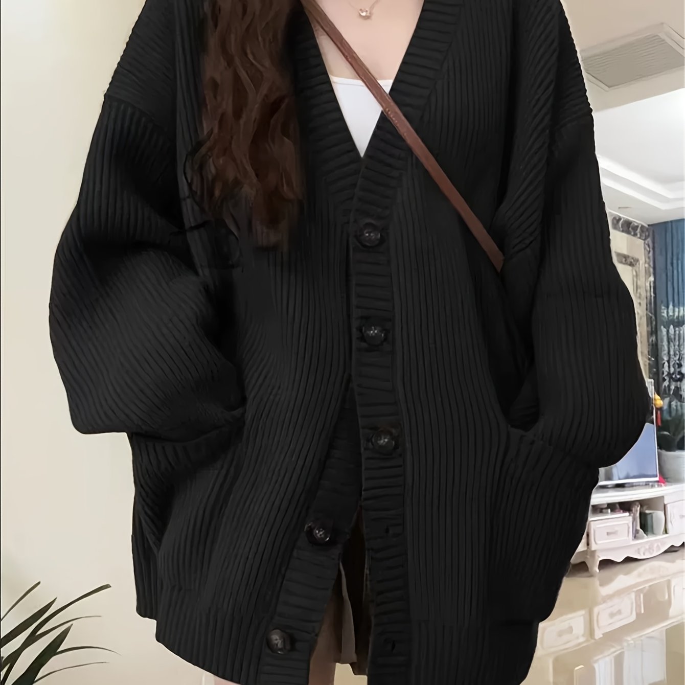 TEMU Casual V-neck Single-breasted Sweater Coat For Women With Double Pockets, Autumn And Winter Cardigan
