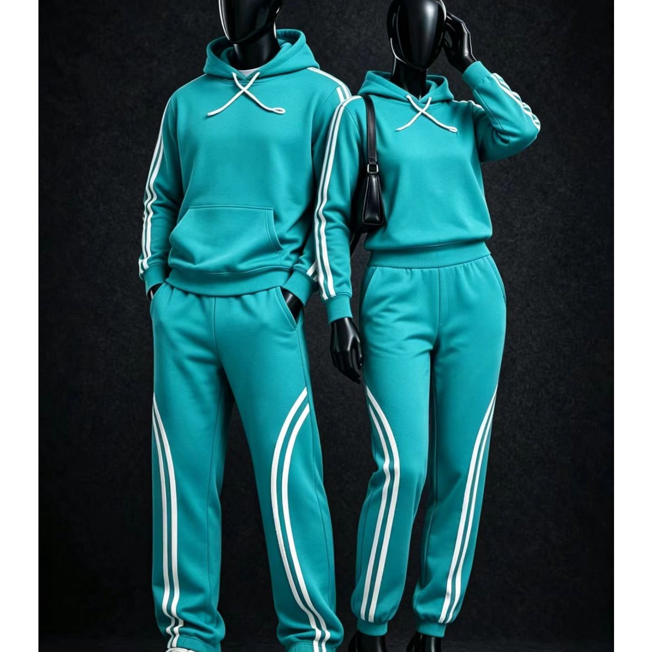 Image of Unisex Two-piece Sports Suit With Curved Contrasting Stripes On Sides, Hooded Drawstring Blank Unprinted Hoodie And Same-colored Drawstring Ankle Binding Sweatpants, Campus Commuting Set