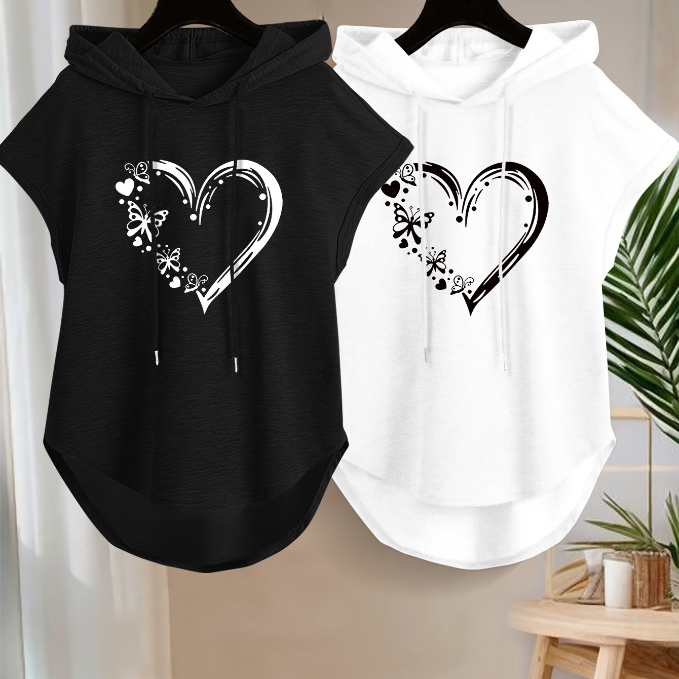 TEMU Set Of 2 Sleeveless Hooded T-shirts With A Heart Print, New For Spring And Summer, Featuring A Loose Fit With A Shorter Front And Back For Women