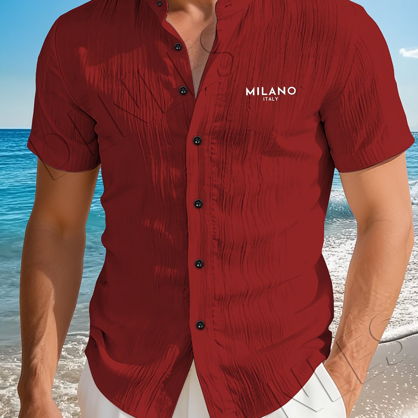 TEMU Men's Summer Solid Color Short Sleeve Stand Collar Shirt, Pattern Print - Breathable Comfortable Fabric Button-up, Casual Fashion Versatile,