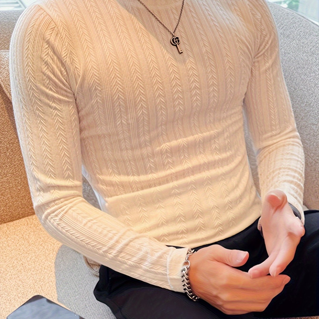 TEMU Men's Slim-fit Long Sleeve T-shirt - Casual & Stylish, Perfect For Fall/winter, Machine Washable