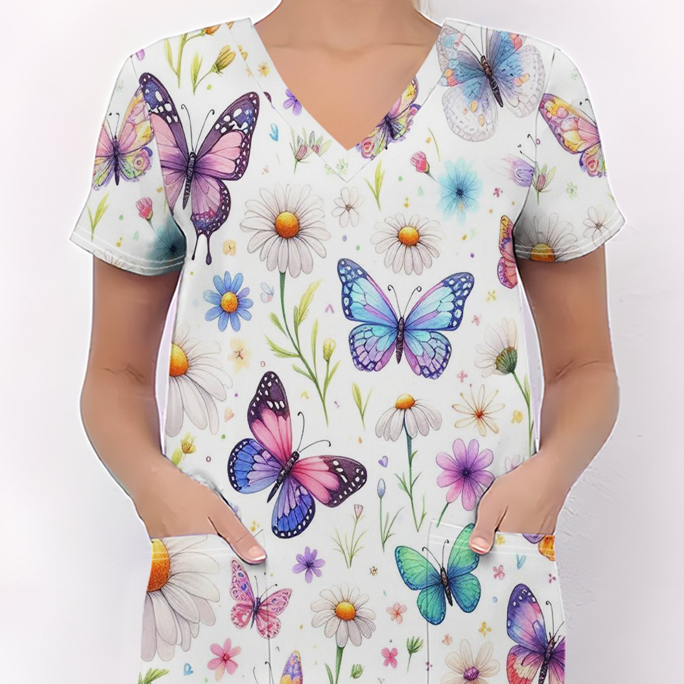 TEMU Women's Fashion V-neck Short-sleeve Uniform With Pockets, Breathable Casual Elegant Style, Daily Use, Comfortable Fabric