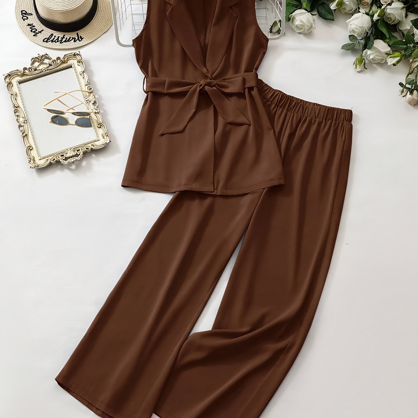 TEMU Women' Color Notch Neck Vest And Wide Leg Pants Casual Set, Summer Two-piece Ns702