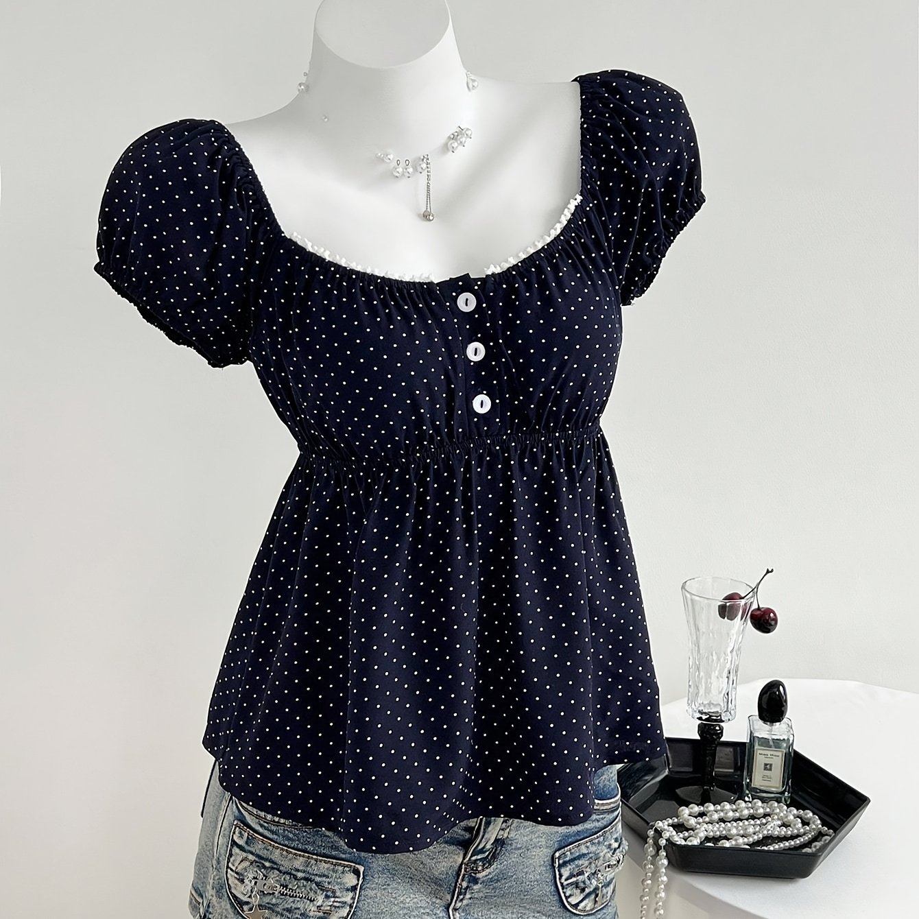 TEMU Vintage Polka Dot Short Sleeve Top, Women' Neck Pleated Elastic Waist Shirt, Puff Sleeve Blouse, Versatile Chiffon Shirt, Elegant Outerwear For