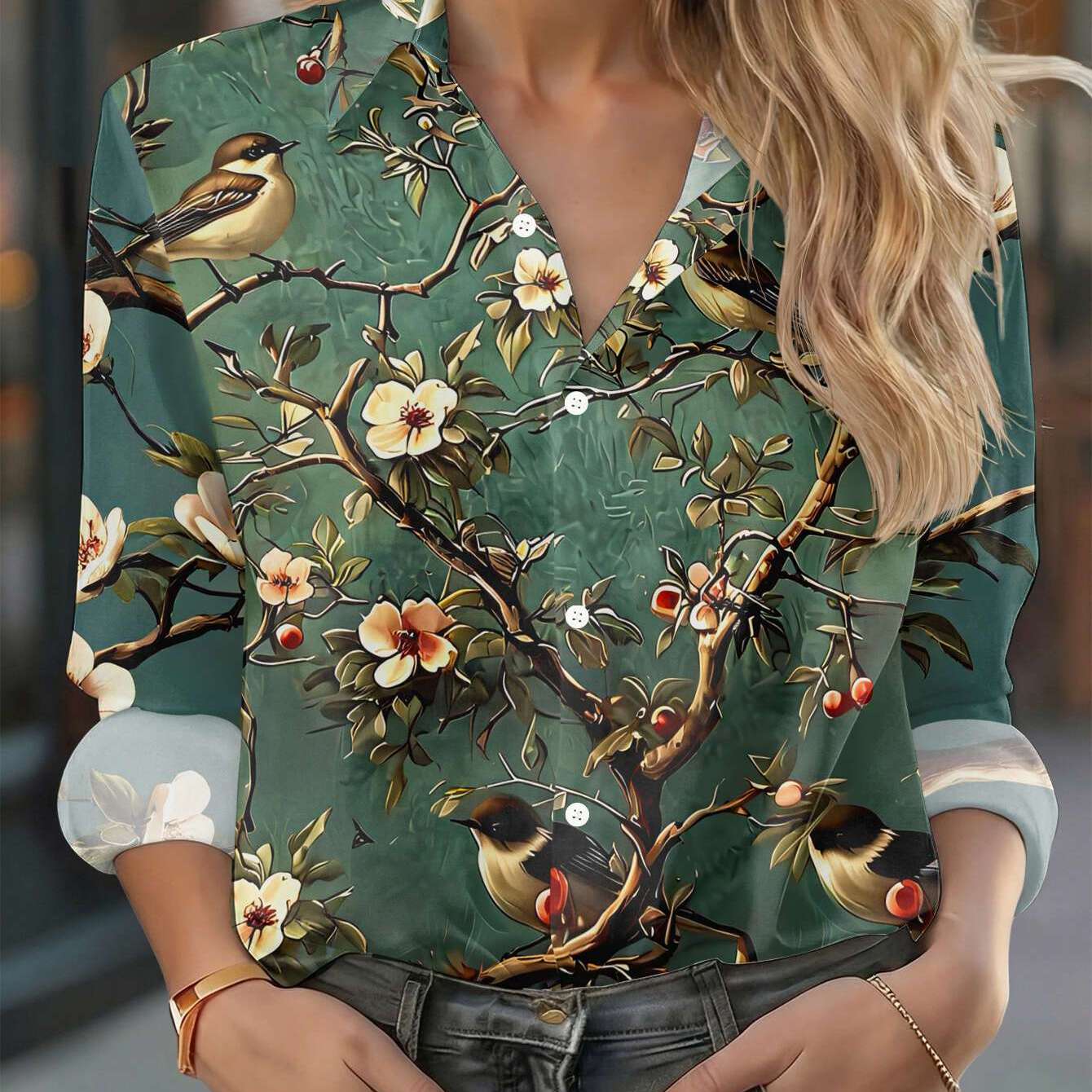 TEMU New Women's Long Sleeve Shirt With Floral Branches And Birds Perched On Branches, Vibrant Flowers And Foliage Design, Commuter Casual Top,