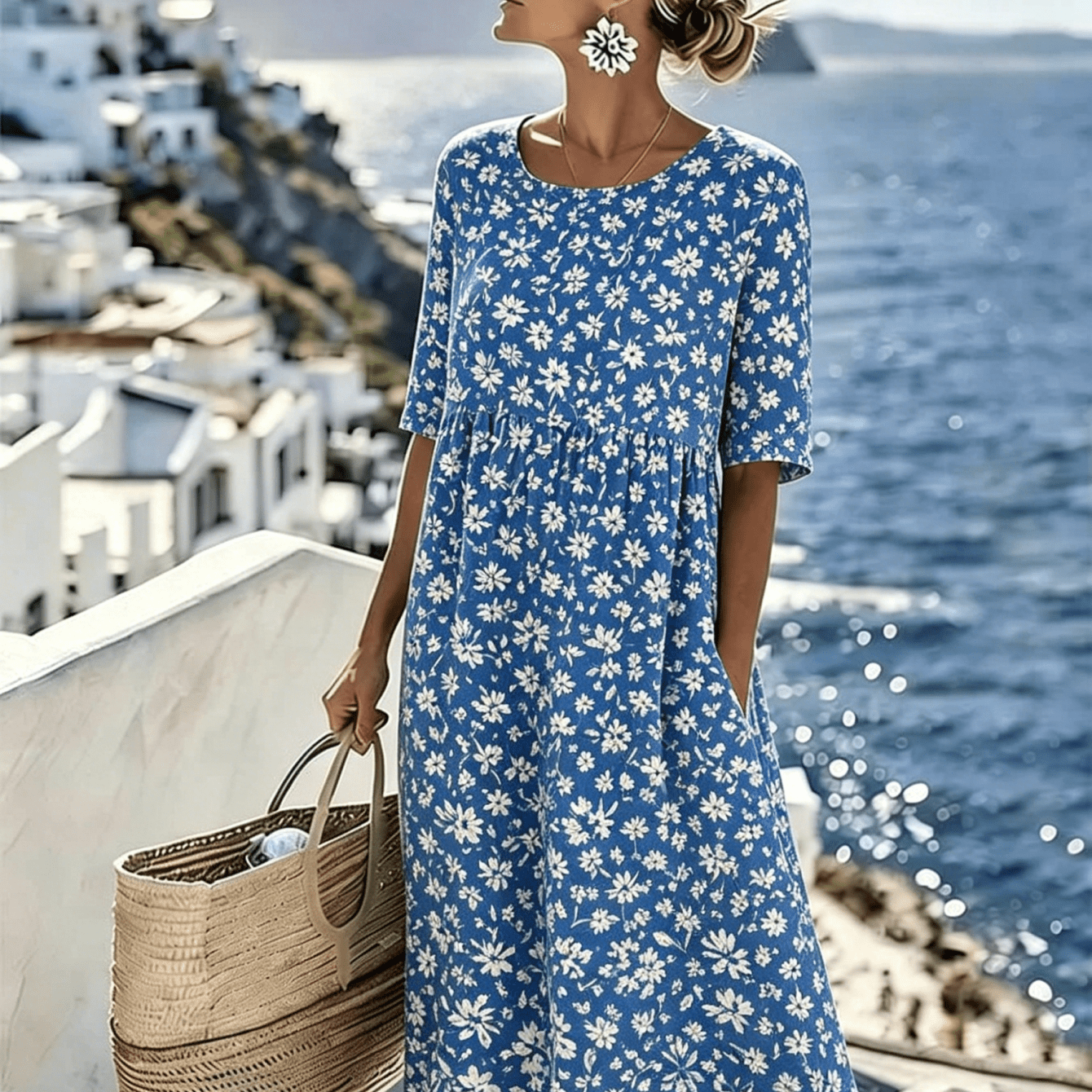 Image of Women's Summer New Half-sleeve Dress, White Daisy Print, Round Neck Waist A-line Skirt, Loose Casual Vacation Long Dress