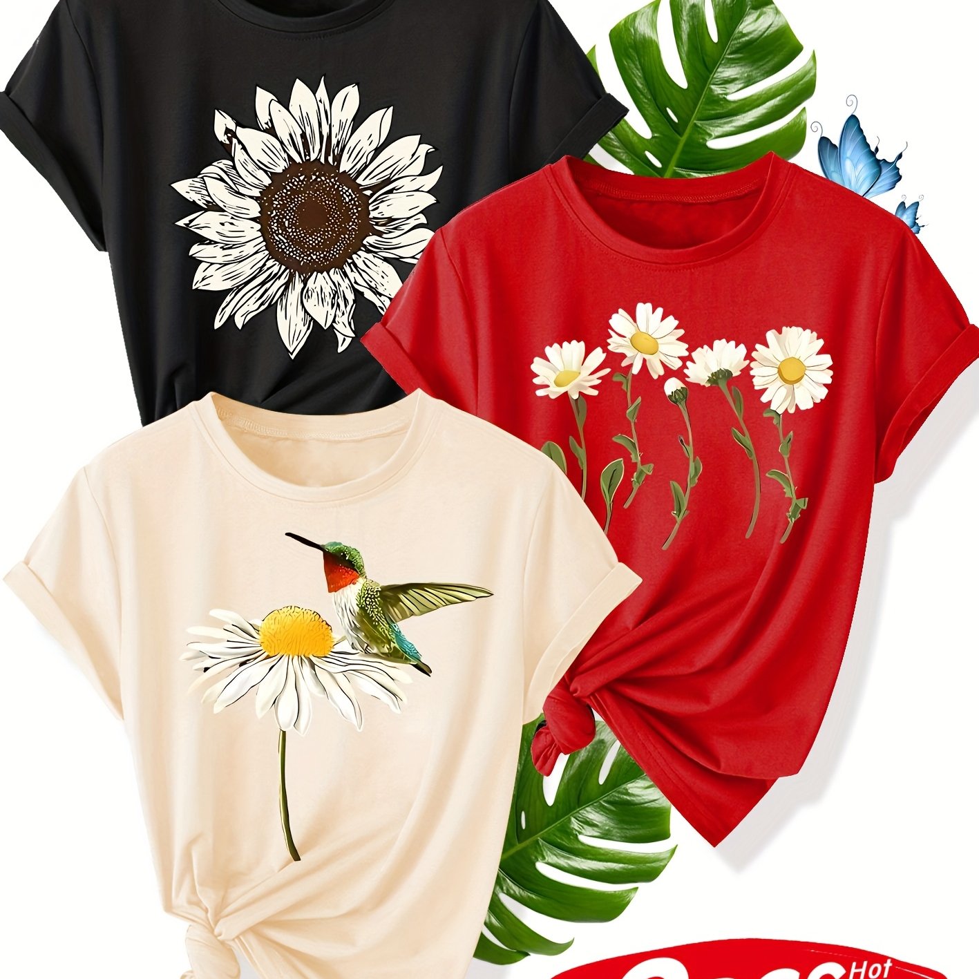 TEMU Multi-flower Three-piece Set: , Pack, Sisters' Pack - Printed Vintage Style Women's Summer Casual Sporty Round Neck Short Sleeve T-shirt In