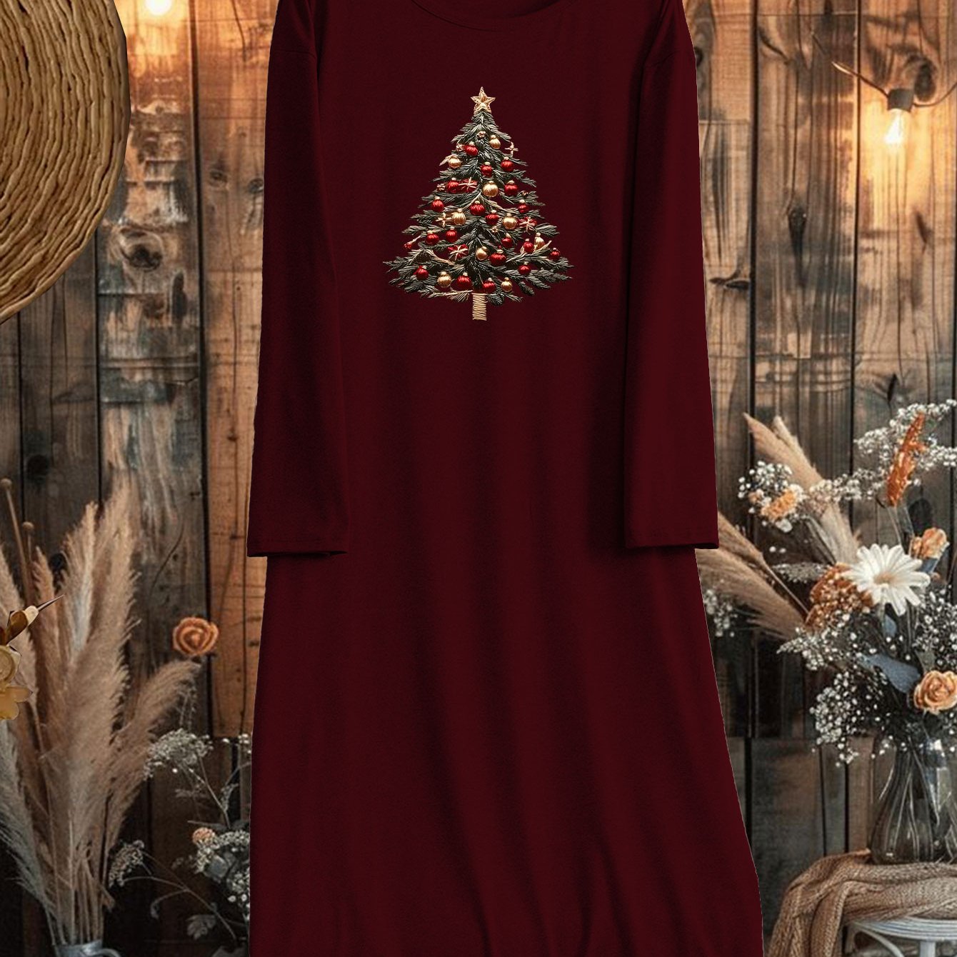 TEMU Women's Plus Size Christmas Tree And Christmas Element Print Design Casual Comfortable Round Neck Long Sleeve Dress For Autumn And Winter