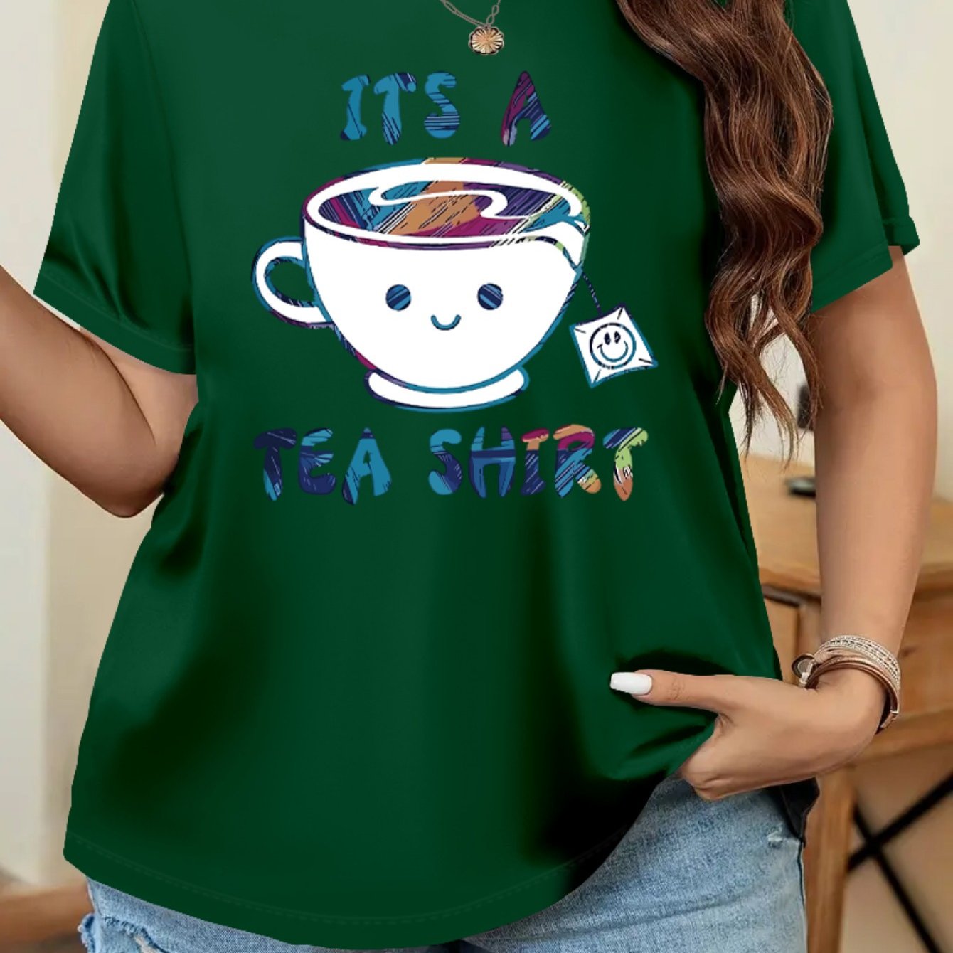 TEMU Plus Size, Summer Women's Letter Graphic Print Front Large Size Short Sleeve T-shirt Top, Comfortable Breathable Fabric, Casual , Suitable For