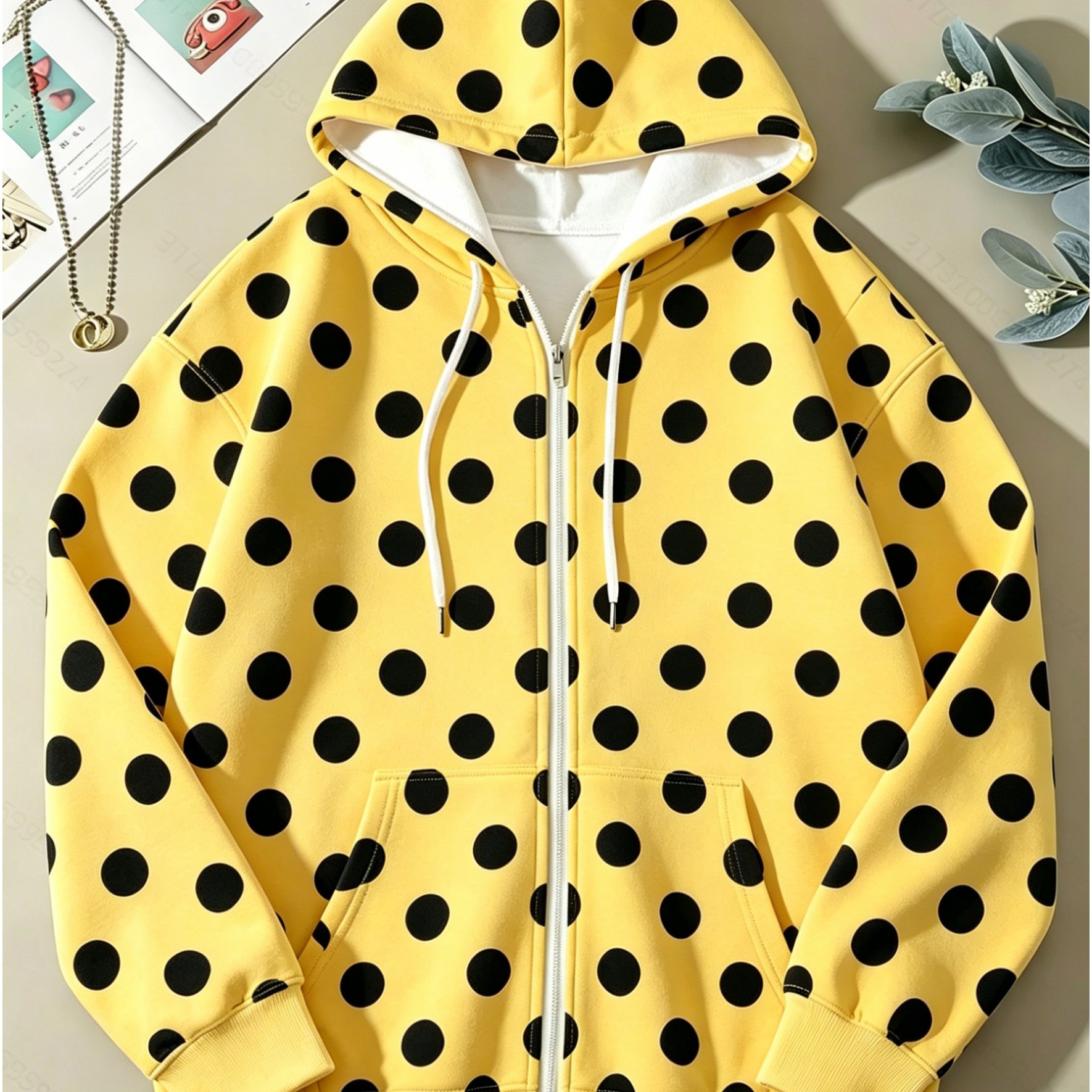 TEMU Plus Size, Vintage Yellow With Black Polka Dot Print Zip-up Sweatshirt, Loose Fit Versatile Casual Zip-up Sweatshirt