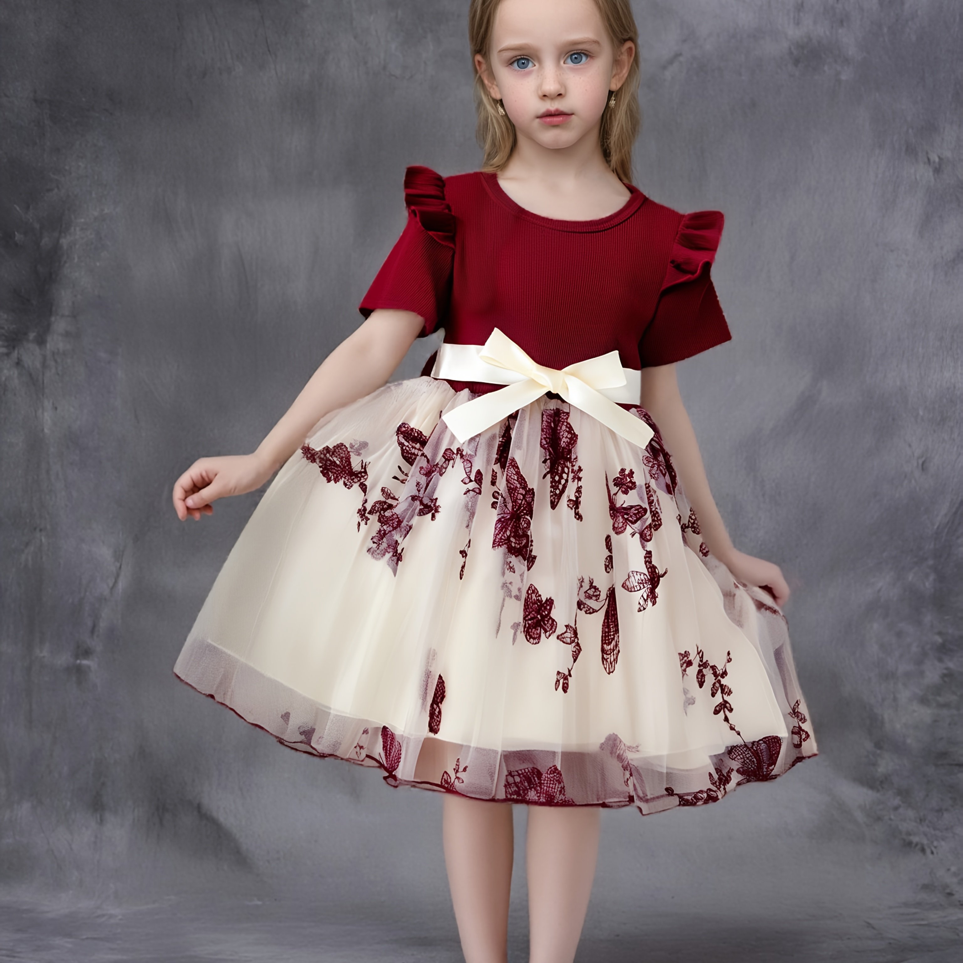 Image of Elegant And Sweet Short-sleeve Dress For Girls Ages 3, - Solid Color Vertical Stripe Short-sleeve Contrast Color Flocked Mesh Princess Dress With Belt, Suitable For Daily Casual, Birthdays, Print