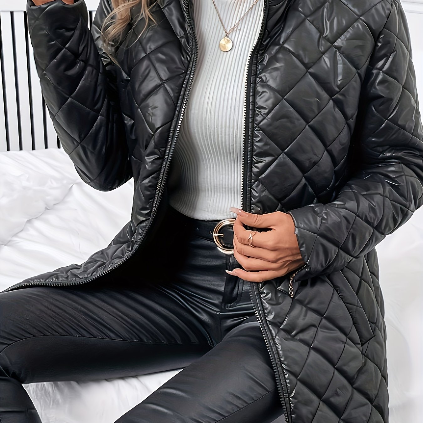 TEMU Light Luxury Urban Rhombus Padded - Black Glossy Mid-length Winter Commuter Christmas Atmosphere Warm Outerwear