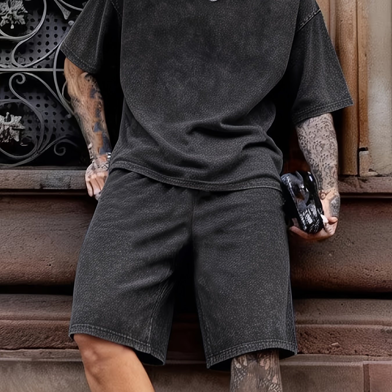 Washing Men's Clothing 2pcs Set, 100%, Water-washed Durable Machine Washable, Men's Suit T-shirt Shorts