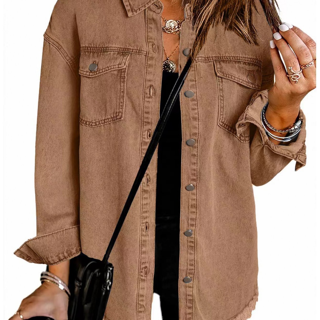 TEMU Women's Washed Denim Shirt Jacket, Autumn Winter New European Style Hem Long Sleeve Loose Retro Coat, Optional