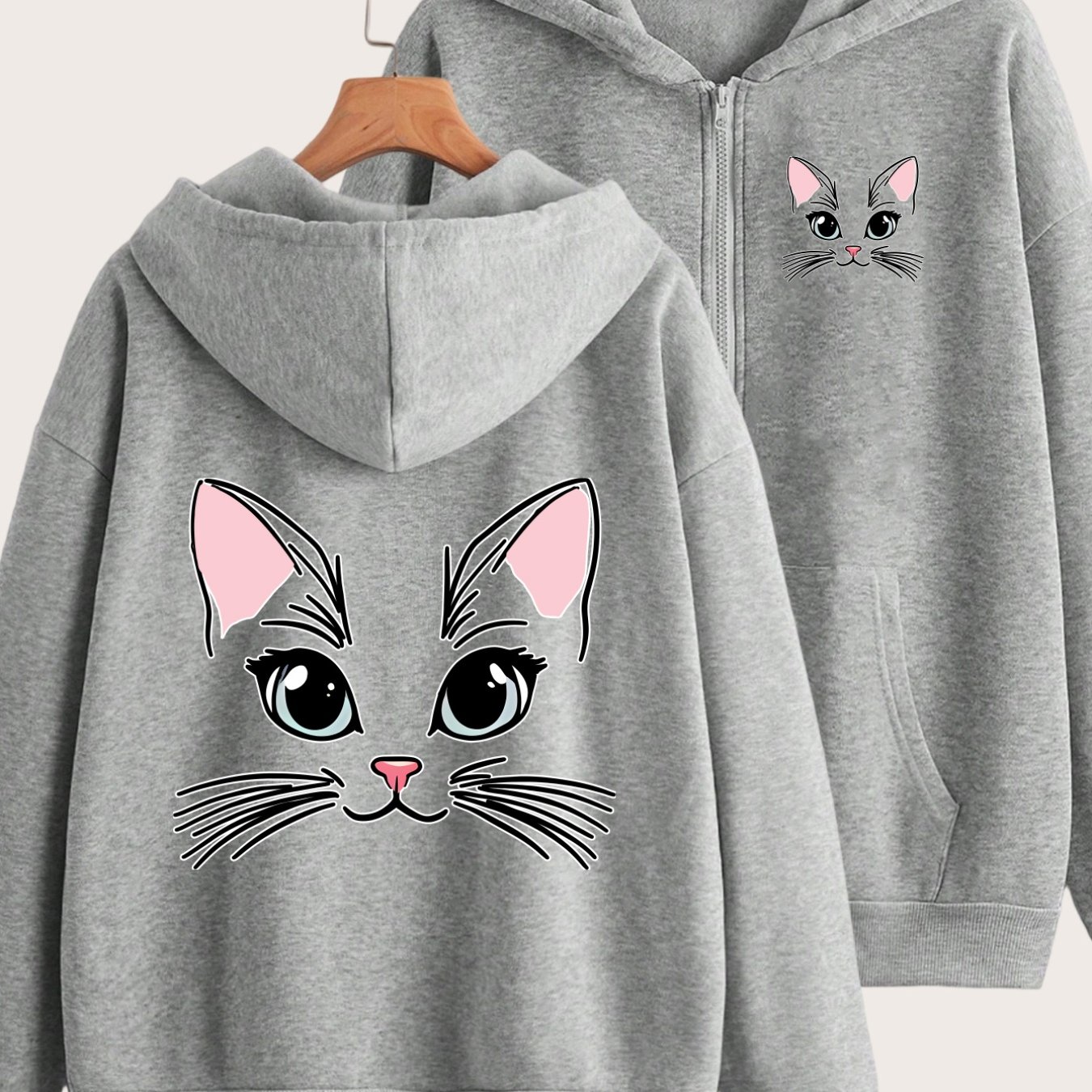 TEMU Cute Cat Pattern Pink Ears And Big Eyes Design Front And Back 2 Patterns Printed - Y2k Zip-up Hoodie With Hat - Fashionable And Comfortable