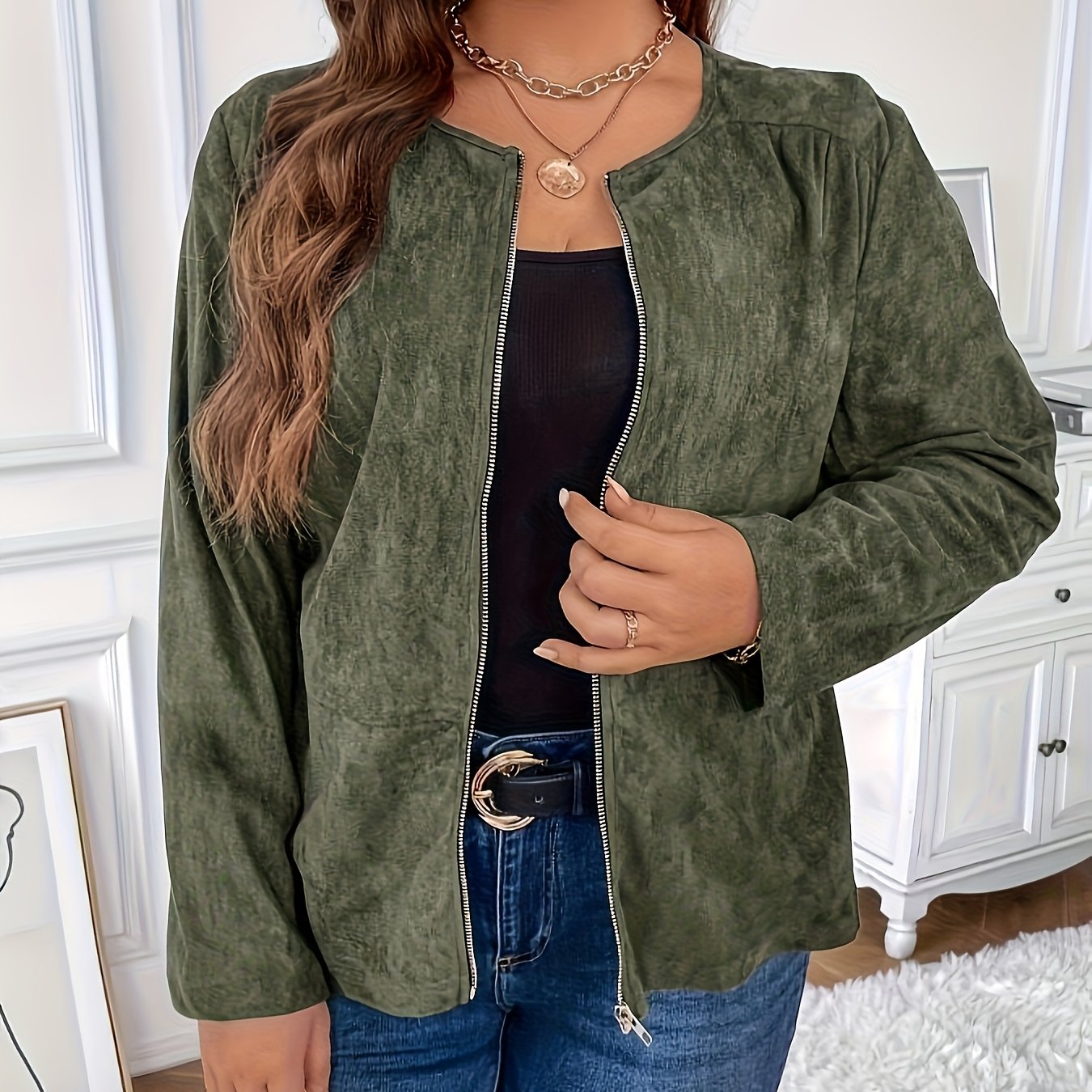 TEMU Plus Size - Plus Size - Lässige Damenjacke in Übergröße, einfarbig, langärmlig | Rundhalsausschnitt, leicht dehnbarer Stoff, ideal für