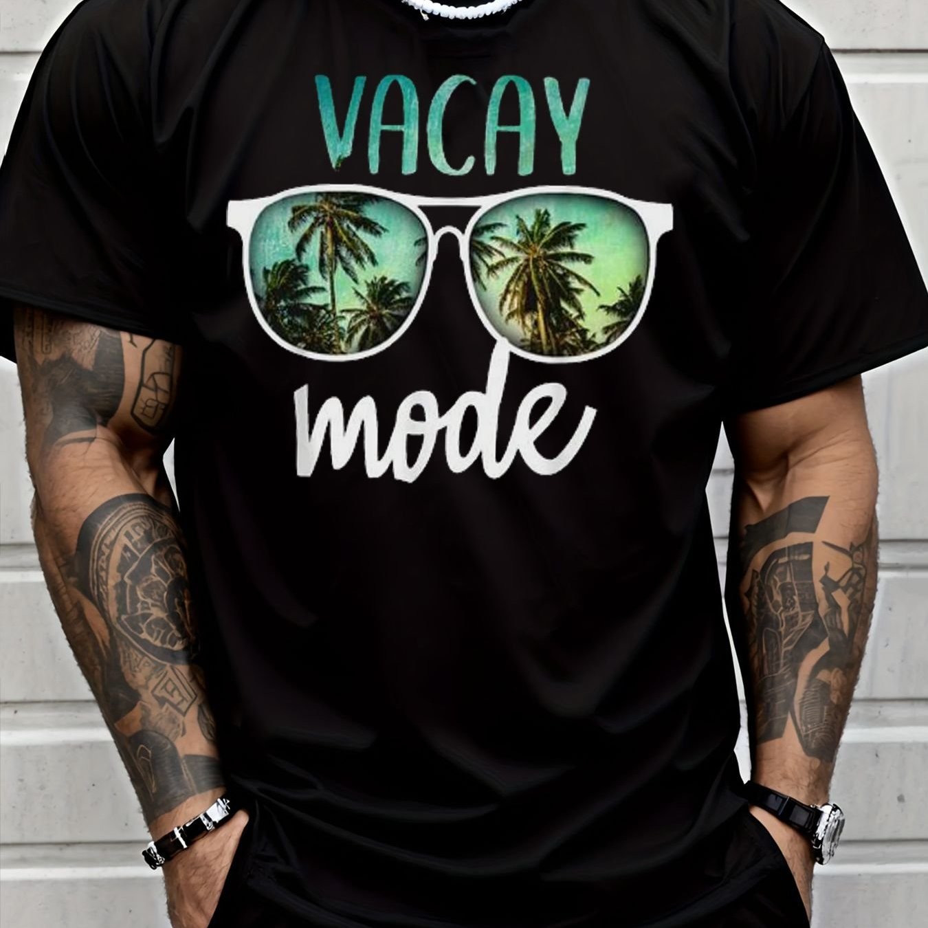 TEMU Men's Casual Black T - Shirt Mode Palm Tree Fashion Glasses Print Men's Style Casual Wear