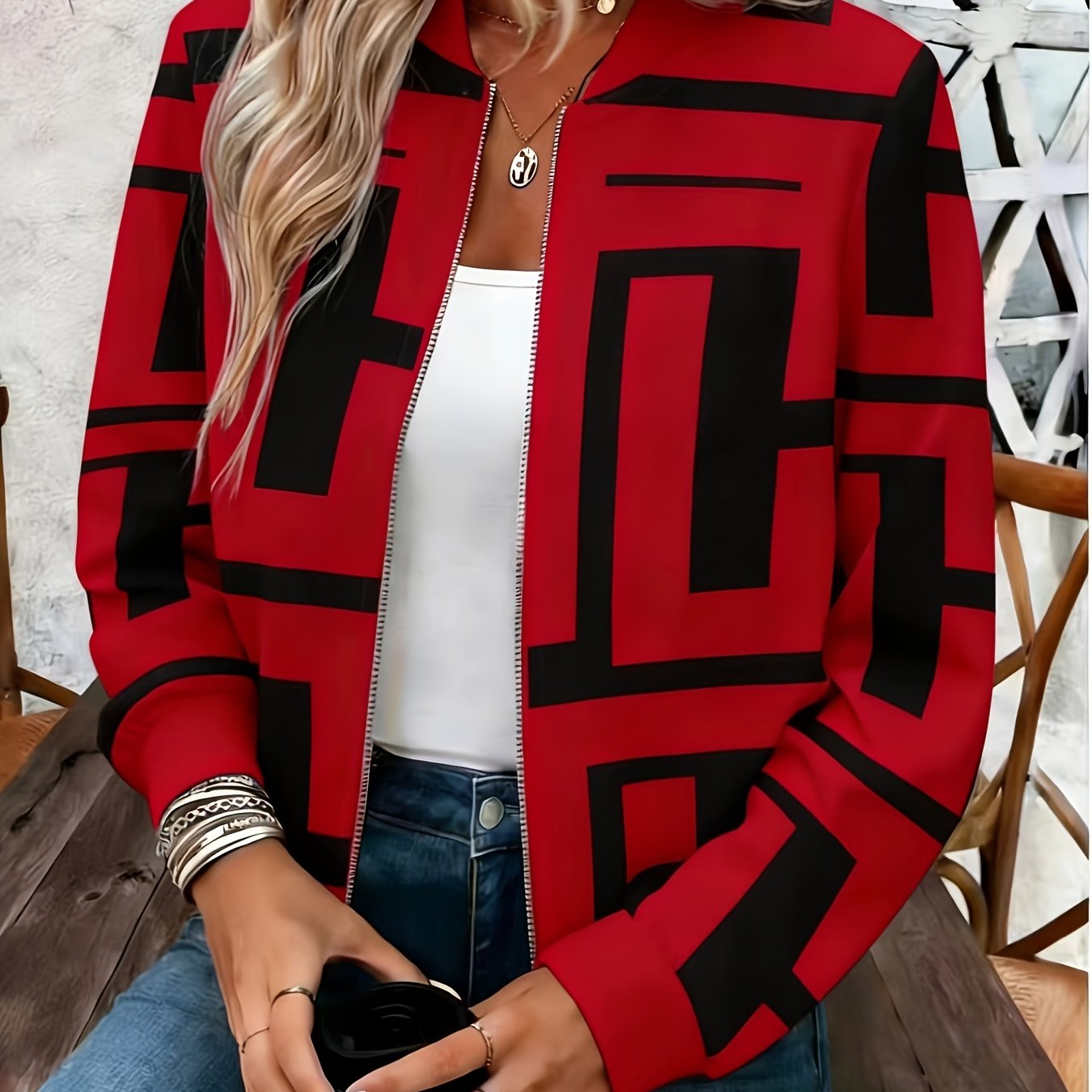 TEMU Plus Size, Women's Fashion Geometric Pattern Print Long Sleeve Plus Size Jacket
