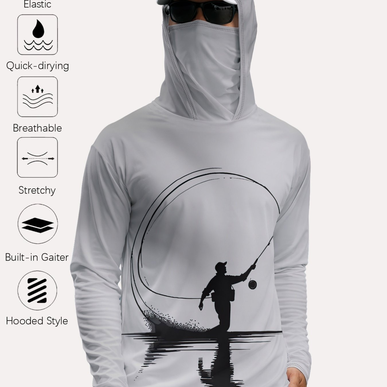 TEMU Men's Outdoor Fishing Hooded Face Cover Long Sleeve T-shirt Quick Dry Breathable Stretchy Sports Top