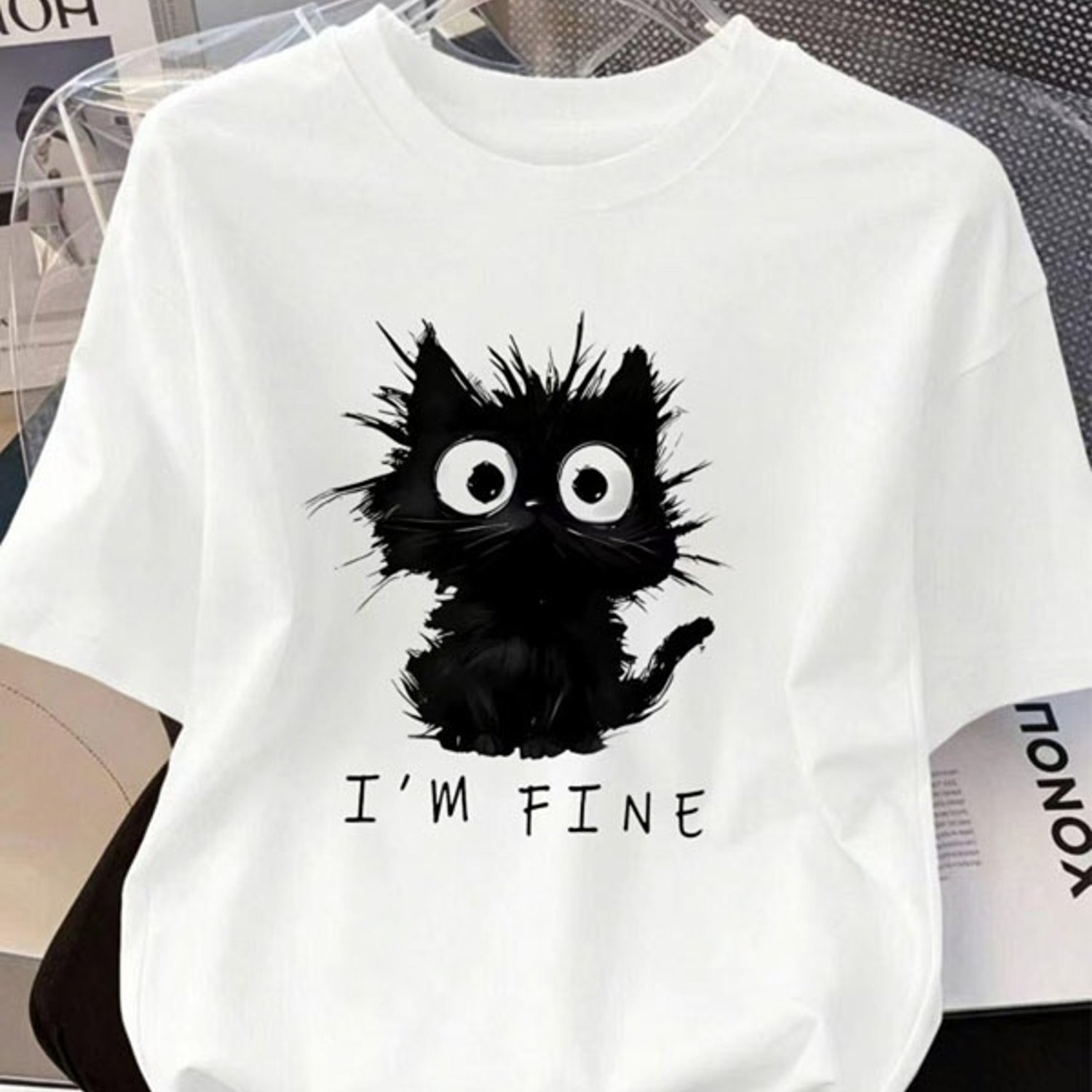 TEMU Women's Crew Neck Short Sleeve T-shirt, Breathable For . Fun Black Spiky Cat And "" Print, Casual -back Style. Multiple Styles Available, Great