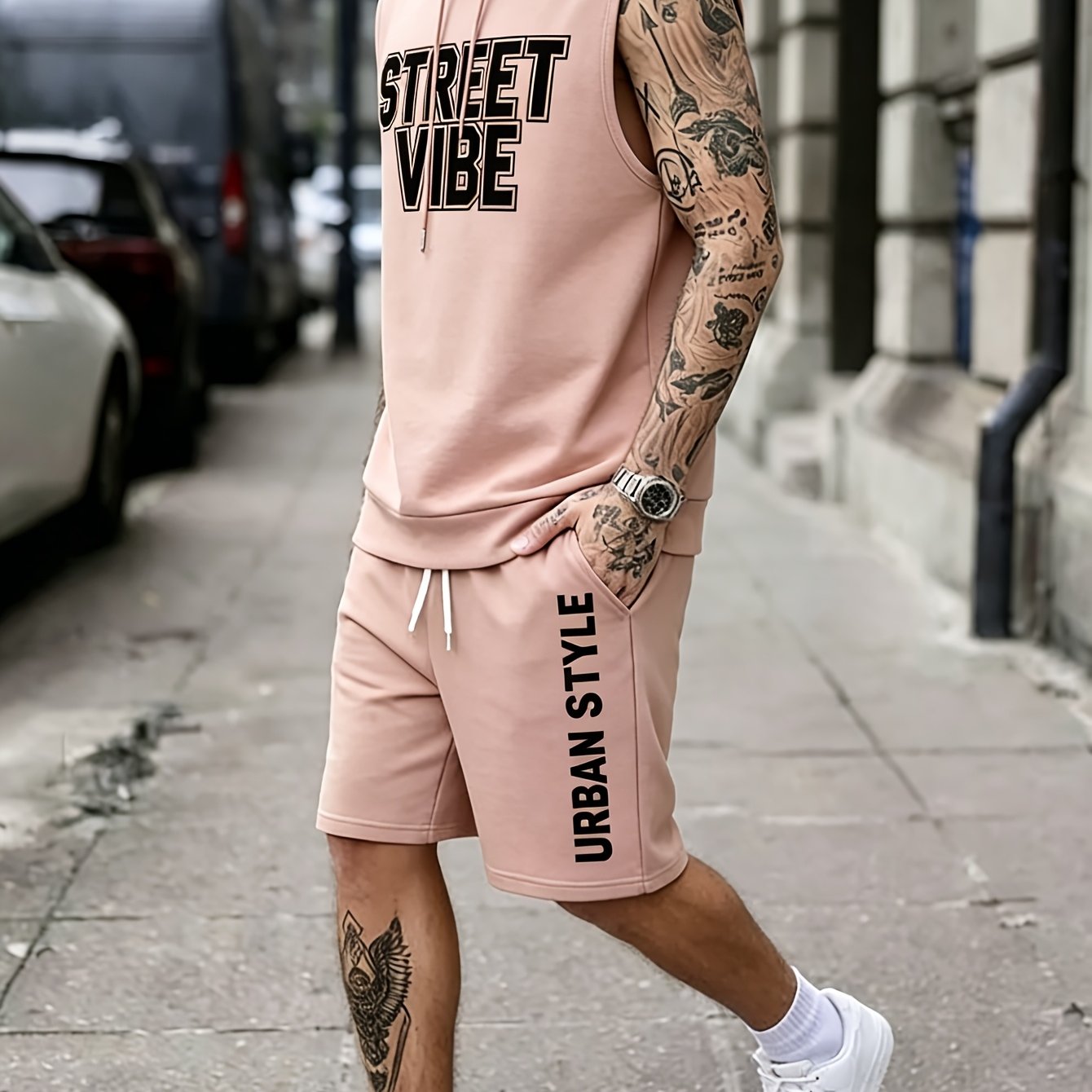 Image of Men's Polyester Sleeveless Hooded Vest Shorts Set Letter Print Street Style Casual Sports 2pcs Set