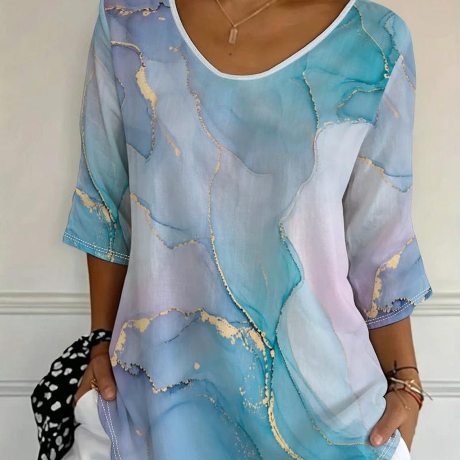 TEMU Plus Size, Plus-size Women's Top, Mixed Colors, Multiple Sizes Available, Abstract Alcohol Ink Pattern, Elegant Shimmering Texture, Smooth And