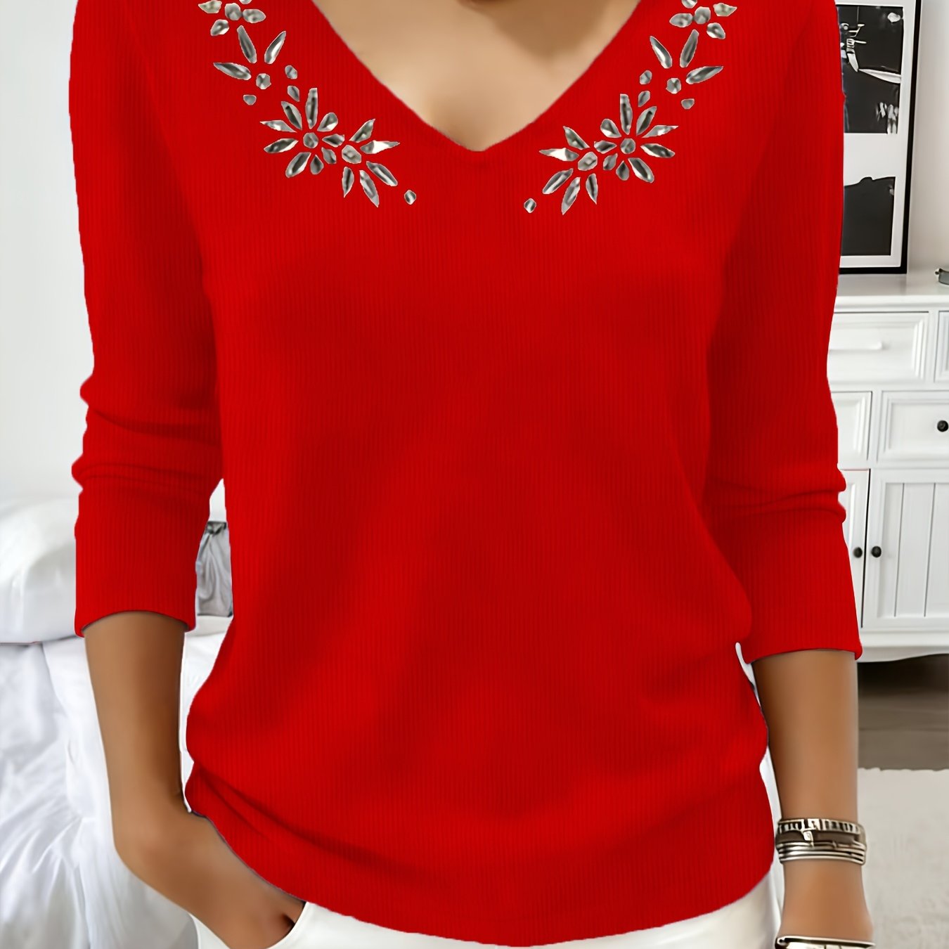TEMU Nouveau pull tendance pour femme à manches longues et col en V avec de beaux imprimés, adapté pour , l'été et en pièce unique ou en , élégant et