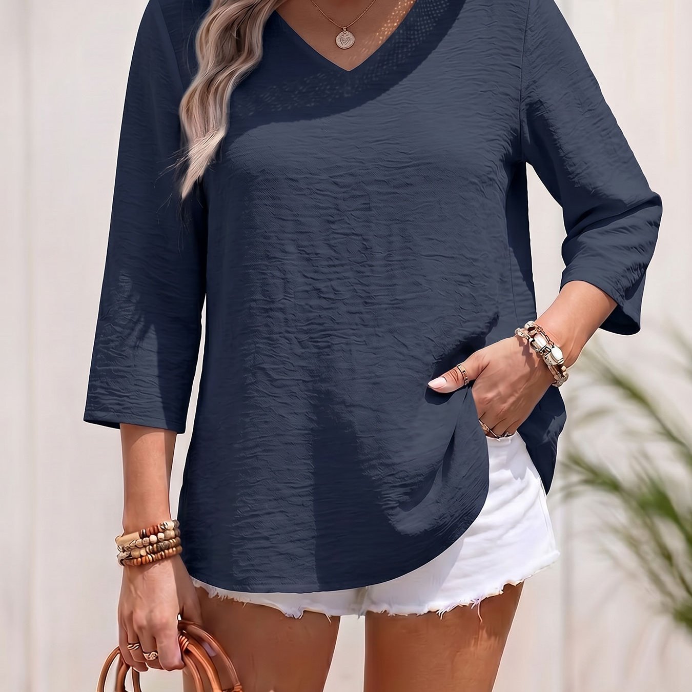 TEMU [solid Color Qf] Women's Summer Apparel, Temperament Elegant Women's Clothing, Three-quarter Sleeve V-neck Casual Versatile Top