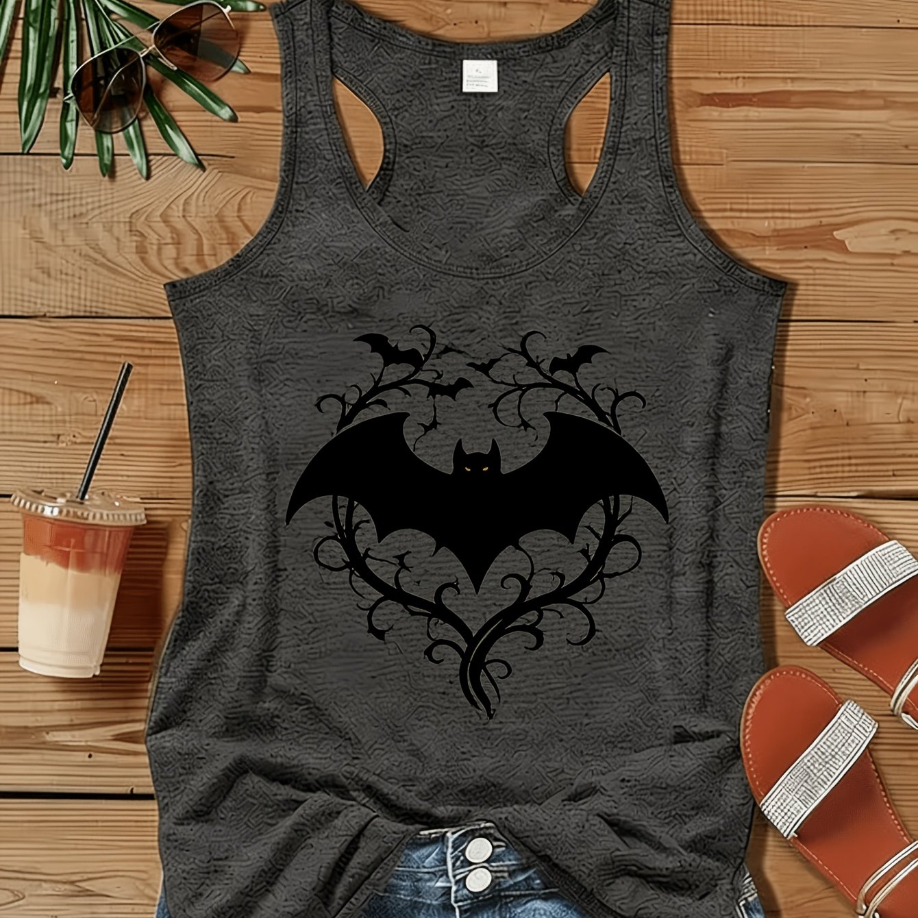 Summer Women's Sleeveless Tank Top With Bat Print, Halloween Style Top, Trendy Casual Versatile Slim- T-shirt For Outerwear, European And Style, Sexy And , Easy Tank Top, Summer Outfit, Pop