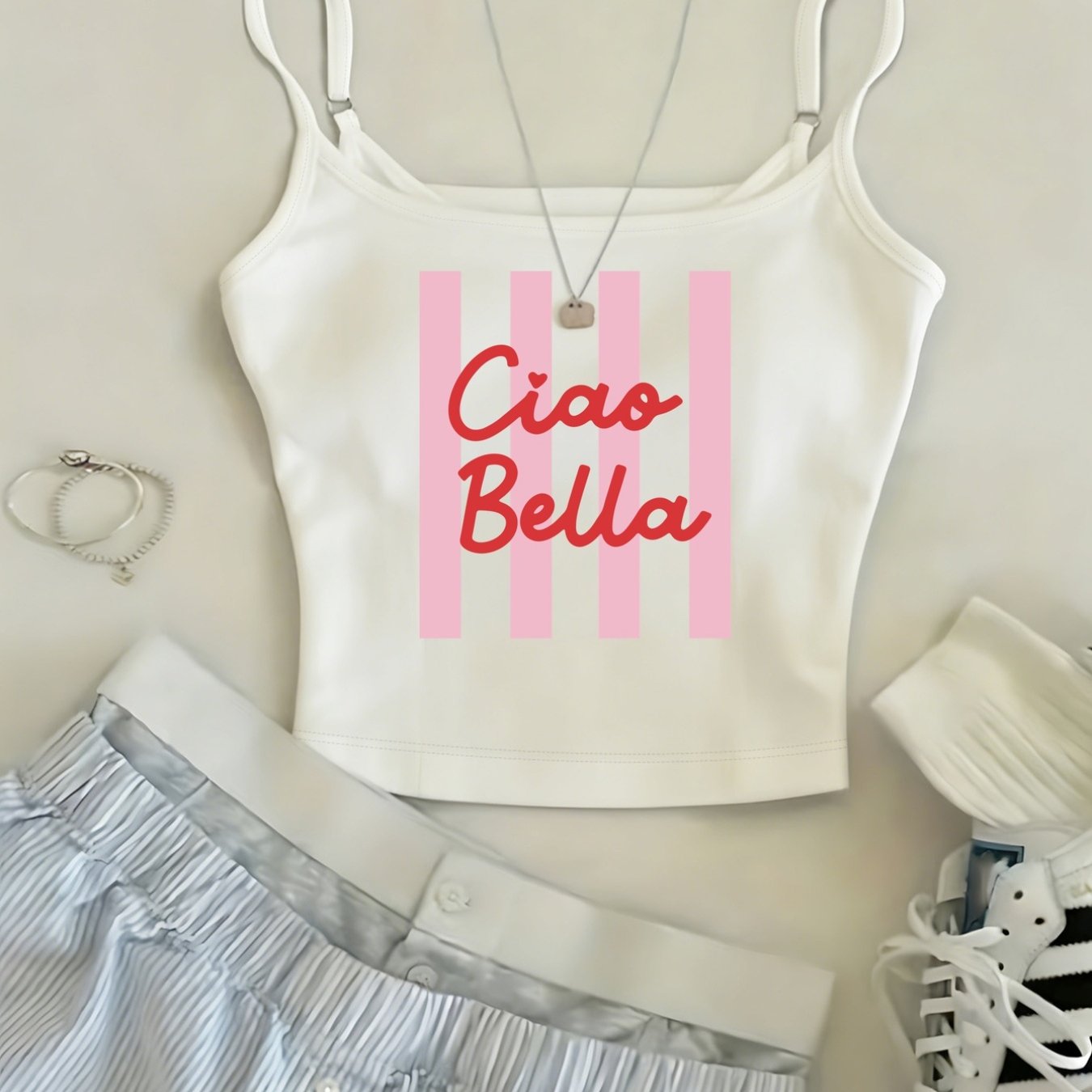 TEMU American-style Round Neck Cami Top - Bella, Italian Greeting Pattern, Y2k Vintage Spicy Adjustable Thin Strap Crop Camisole, Women's New Summer
