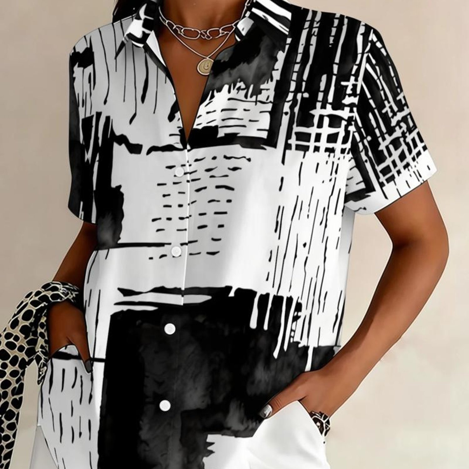 TEMU Plus Size, European And Plus-size Women's Short-sleeve Lapel Shirt With Abstract Black And White Art Print, Casual And Fashionable, Suitable For