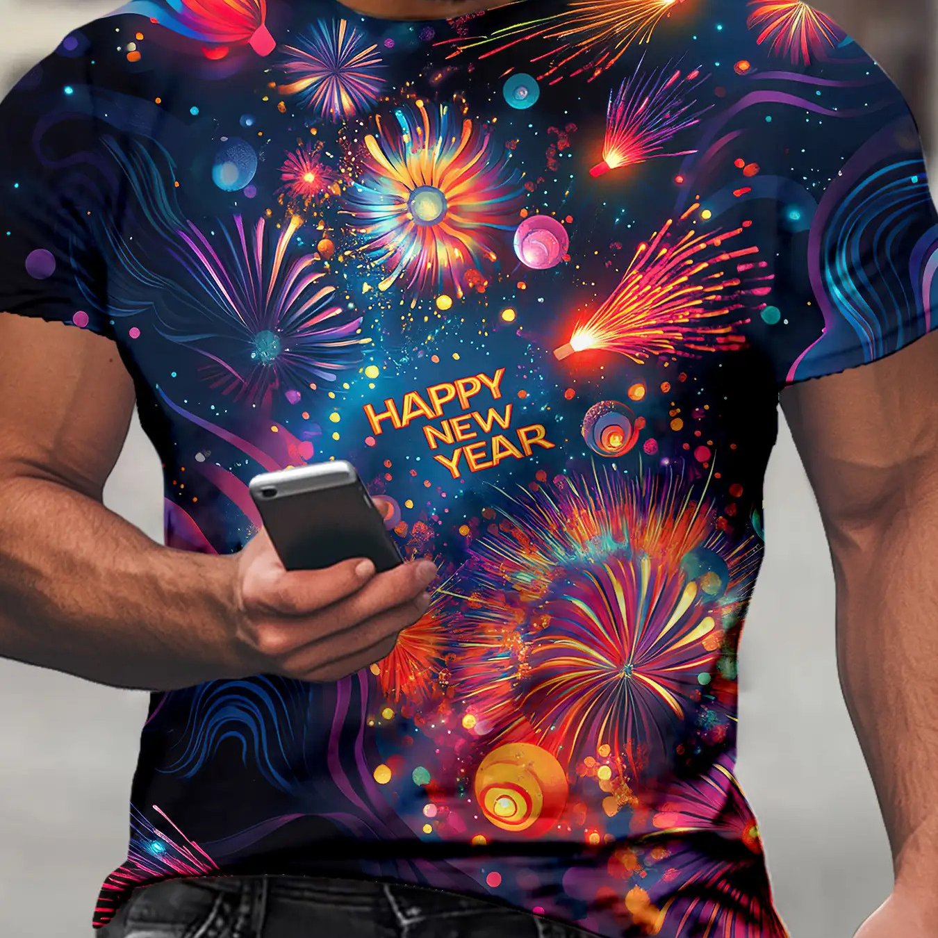 TEMU Happy New Year Graphic T-shirt, Men's Style Stretchy Round Neck Summer Tee, Plus Size