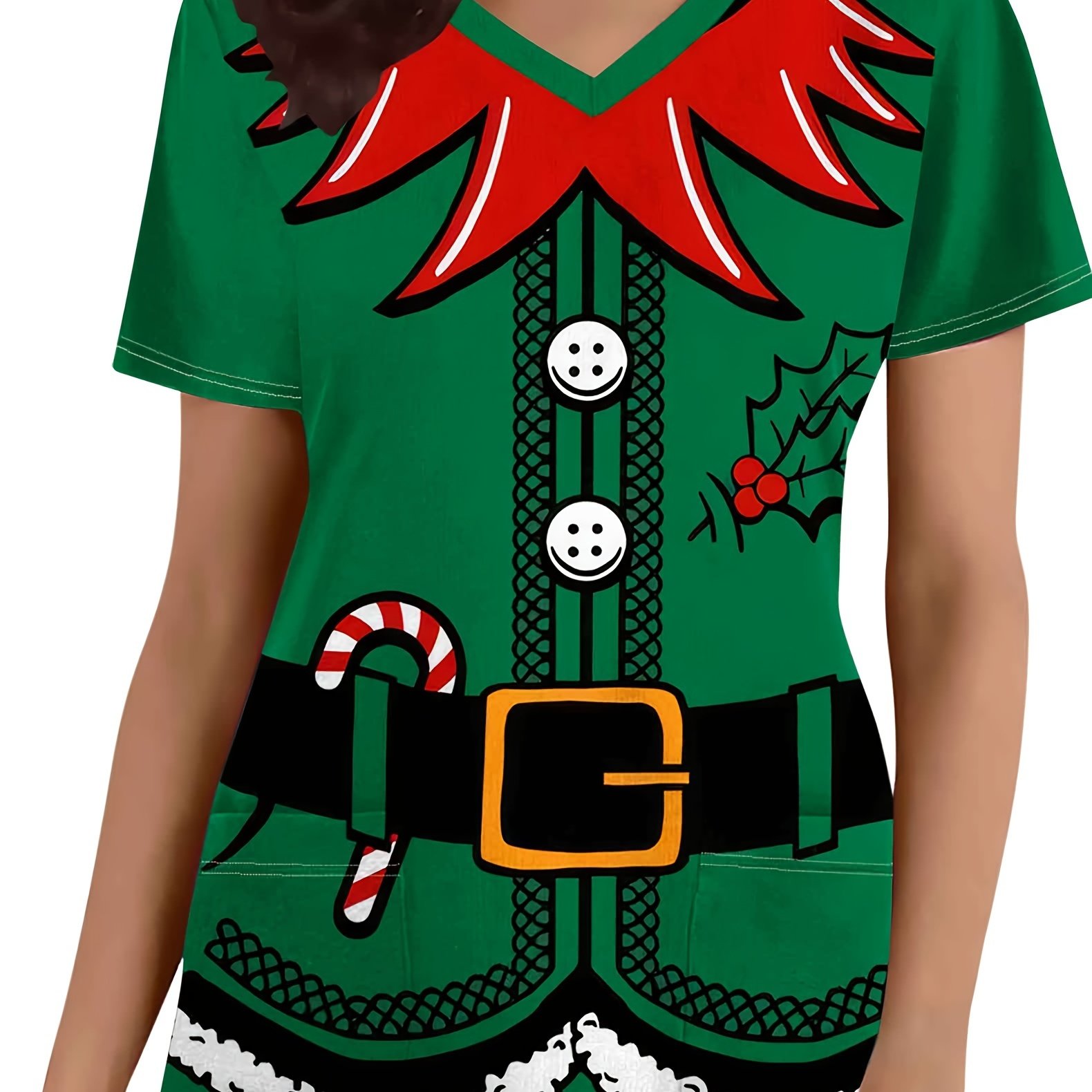 TEMU Christmas Women's T-shirt, Women's 2-in-1 Look Short Sleeve T-shirt, Stylish Women's Nurse Uniform, Soft Women' Pocket Top, Women's Apparel
