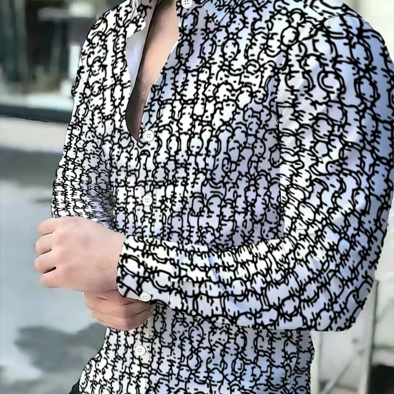 Men's Long Sleeve Shirt With Stylish Abstract Geometric Print Slim Fit Business Casual Daily Versatile Youth Fashion Top