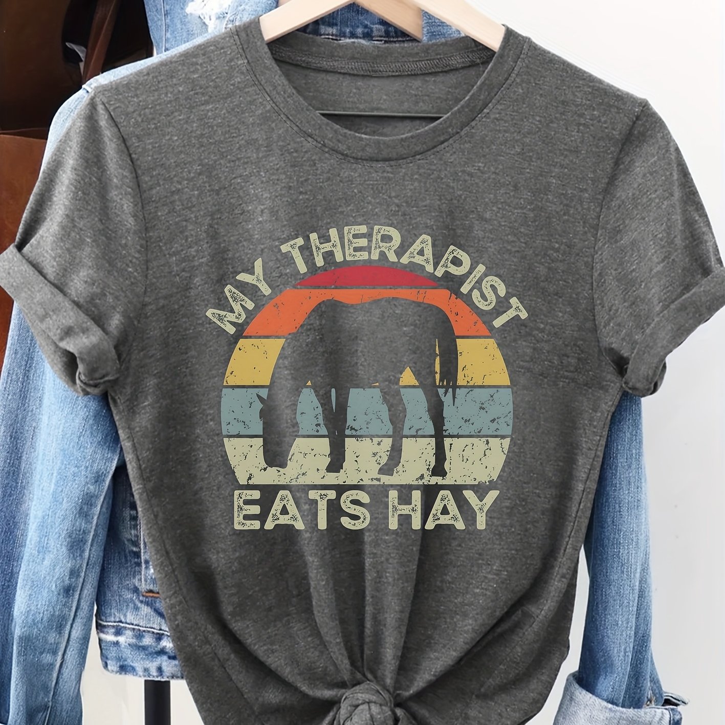 TEMU Women's Stylish Short-sleeve Top With Horse Silhouette, Vintage- Stripes, And " Hay" Series Print. Soft, Stretchy Crew Neck Casual Top, Suitable