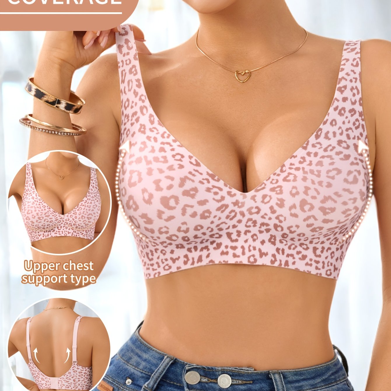 Image of High-quality V-neck Full-coverage Lift Support European/american Sexy Leopard Print Seamless Wire-free Women's Bra