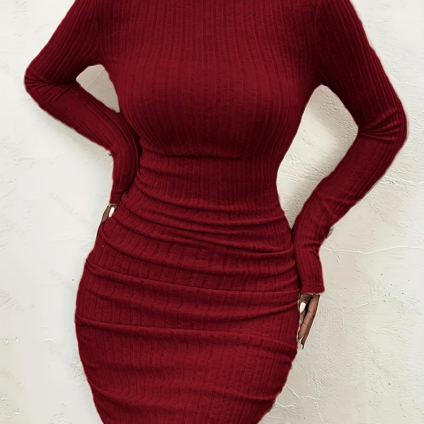 Elegant High Neck Long Sleeve Bodycon Dress | Solid Color, Suitable For Fall/winter, For Adult Women