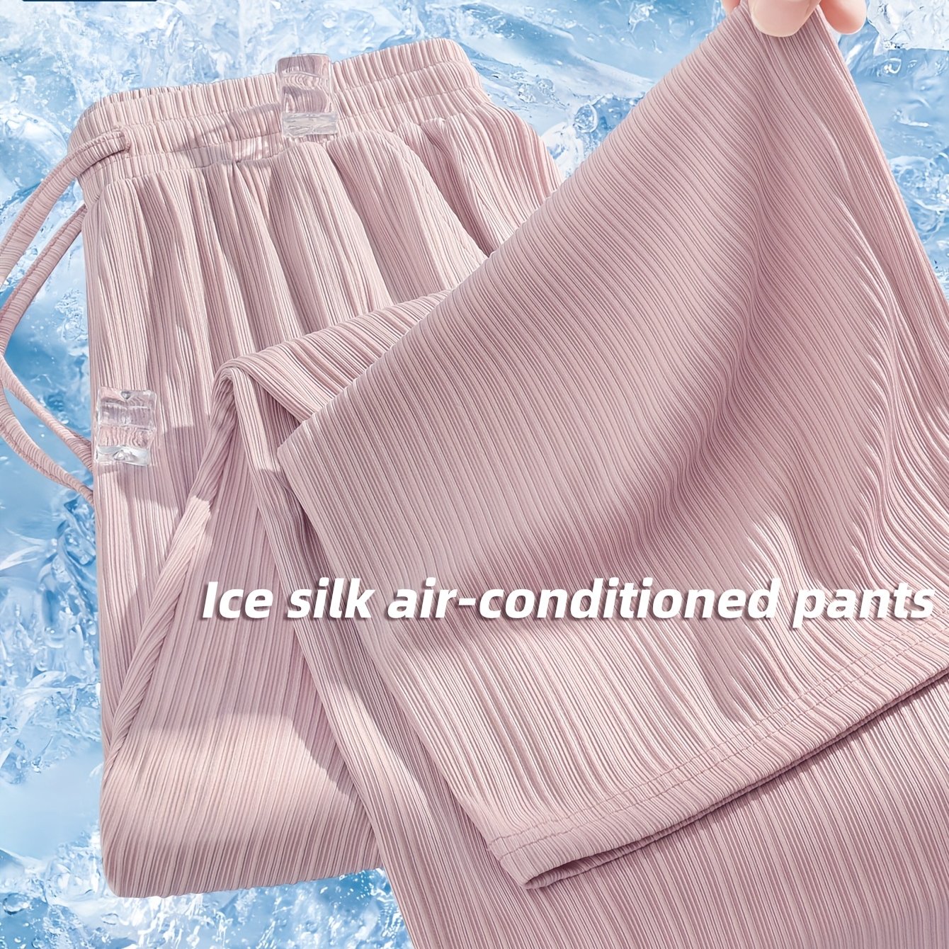 GENIO LAMODE Pantalons à Jambe Large en Soie Glacée pour Femmes - Légers, Anti-Moustiques, Taille à Cordon, Rose Beige, Décontractés et Sportifs pour Sorties Estivales, Vêtements Resserrants