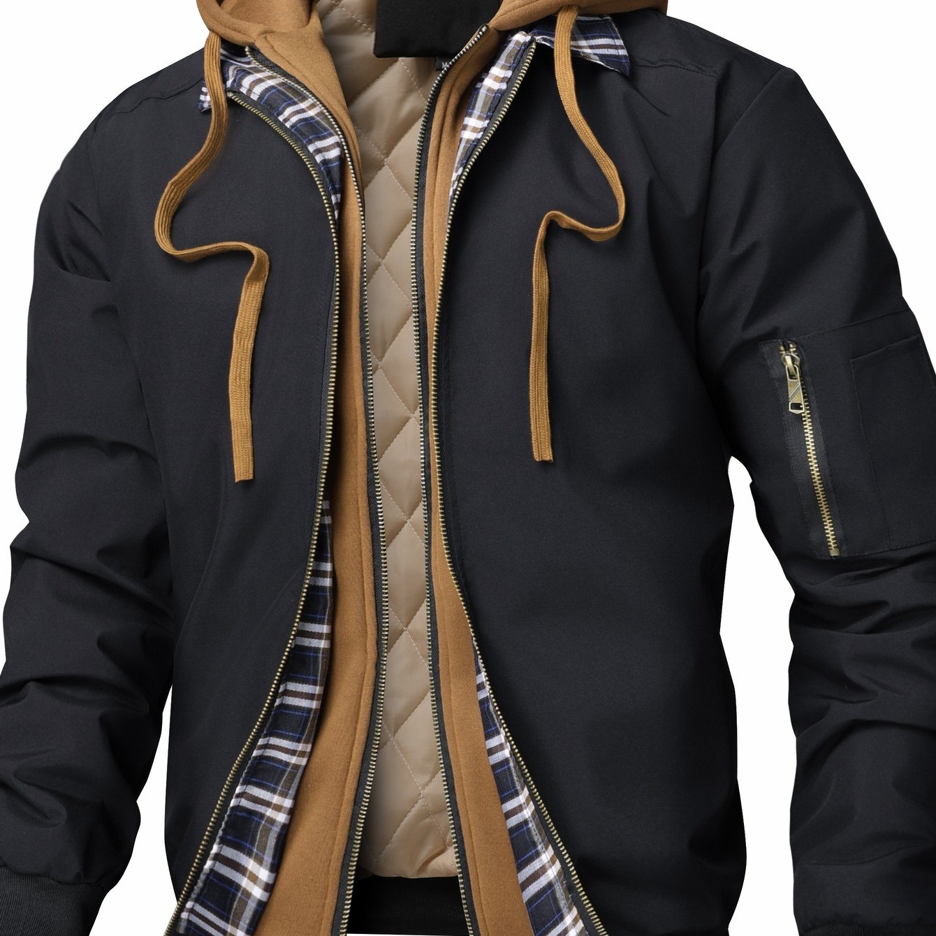 TEMU Men' Color Hooded Jacket - Loose Fit Zippered Coat With Full-length Zipper Front, Full-liner For Spring/autumn/winter, Casual Outerwear (no Belt