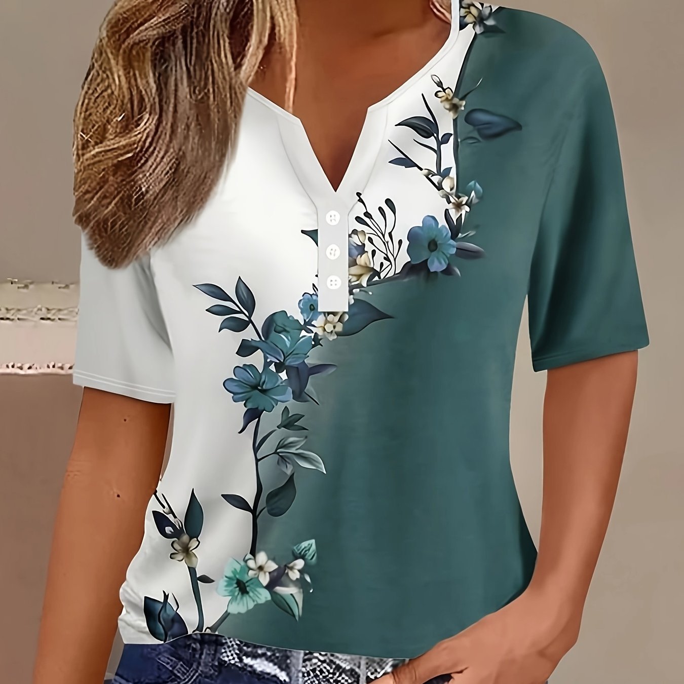 TEMU Vintage Floral Print Shirt With A Notch Collar, Casual Short-sleeve T-shirt With Button Details, Women's Top For Spring And Summer