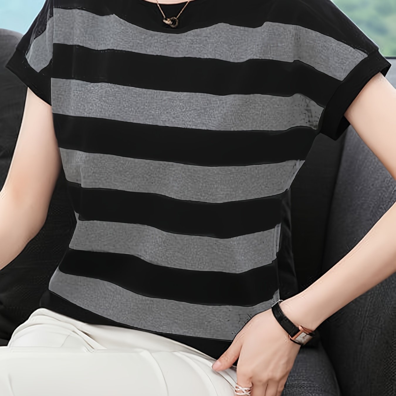 E-shop Kurzarm-T-Shirt Damen Gestreiftes T-Shirt Modisches Fledermaus-Top